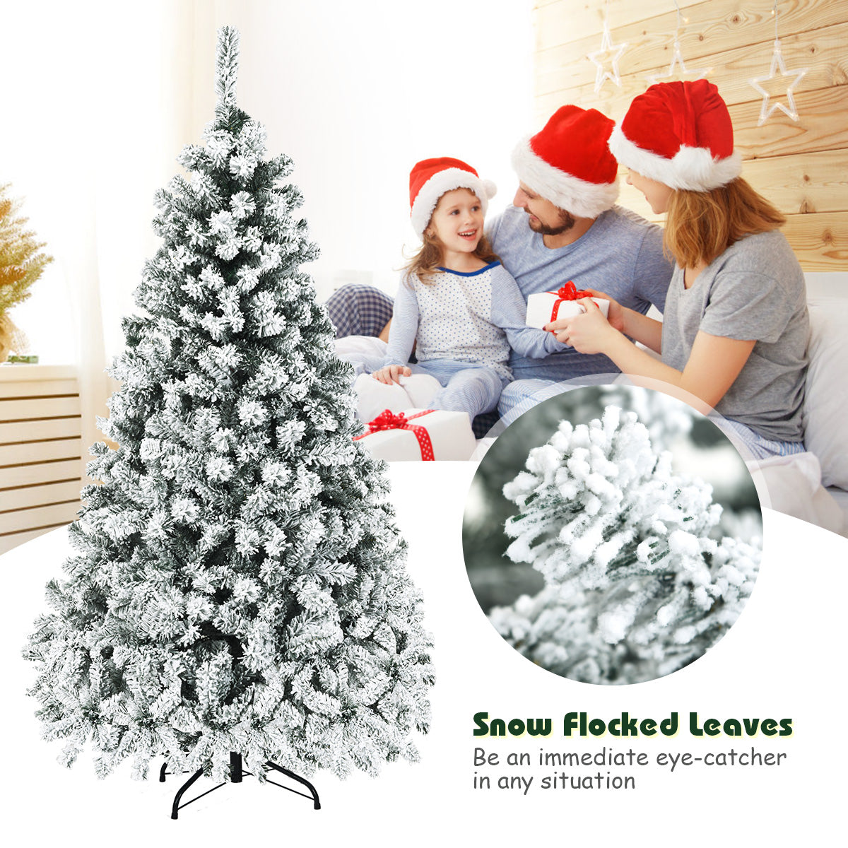 Topbuy 6FT/7.5FT/9FT Snow Flocked Christmas Tree Hinged Pine Tree with Solid Metal Stand