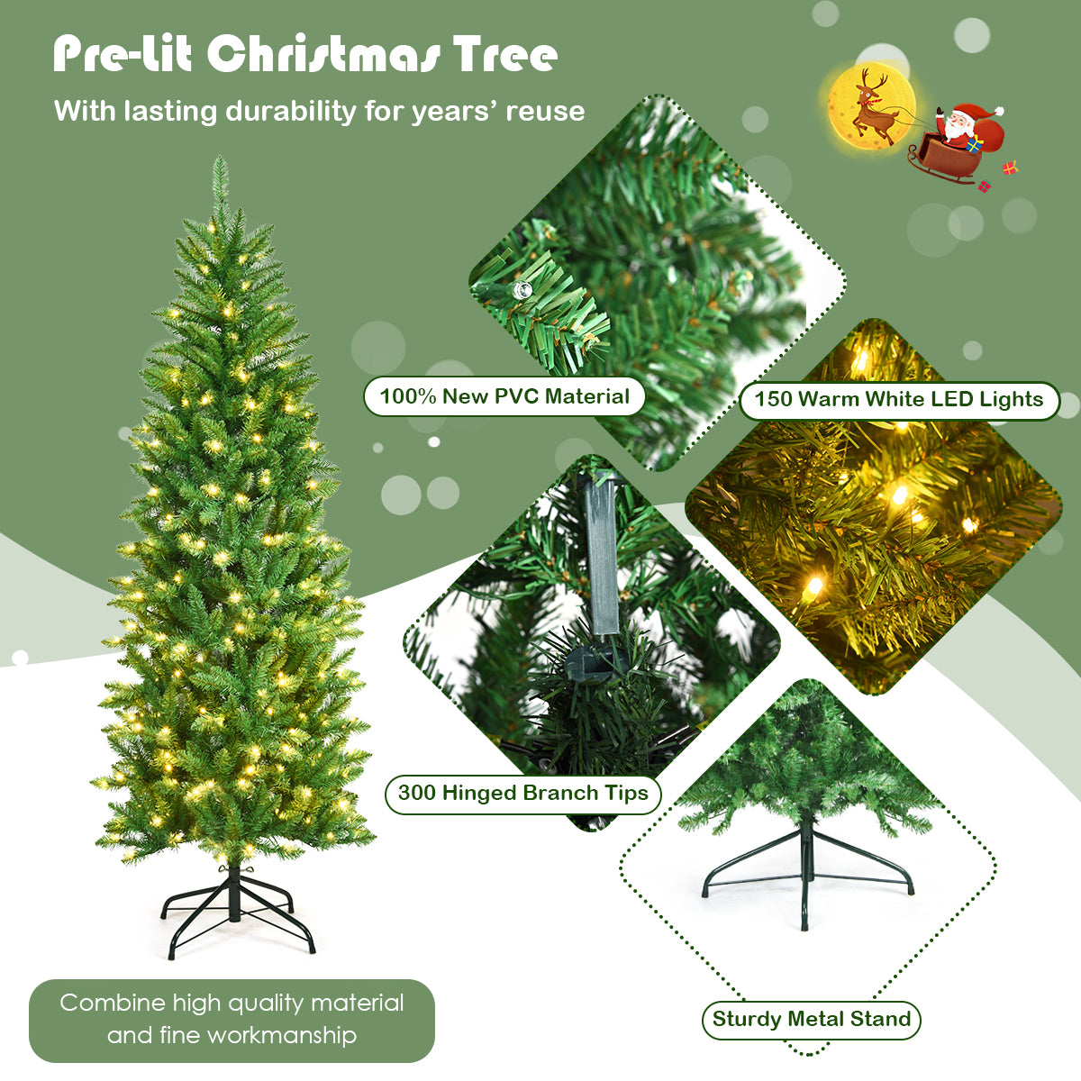 Topbuy 5/6/7FT Pre-lit Hinged Artificial Pencil Fir Christmas Tree with UL-listed Lights