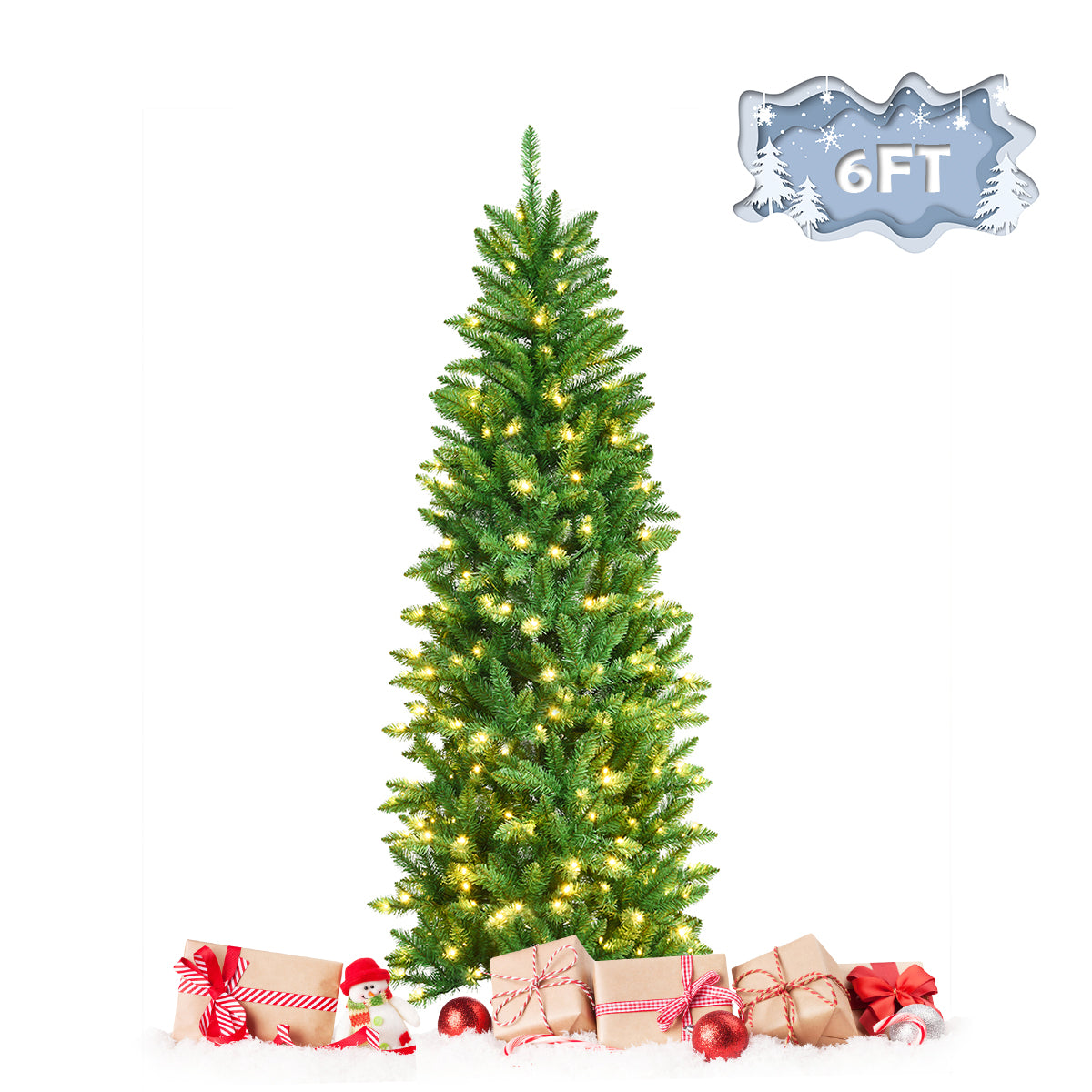 Topbuy 5/6/7FT Pre-lit Hinged Artificial Pencil Fir Christmas Tree with UL-listed Lights