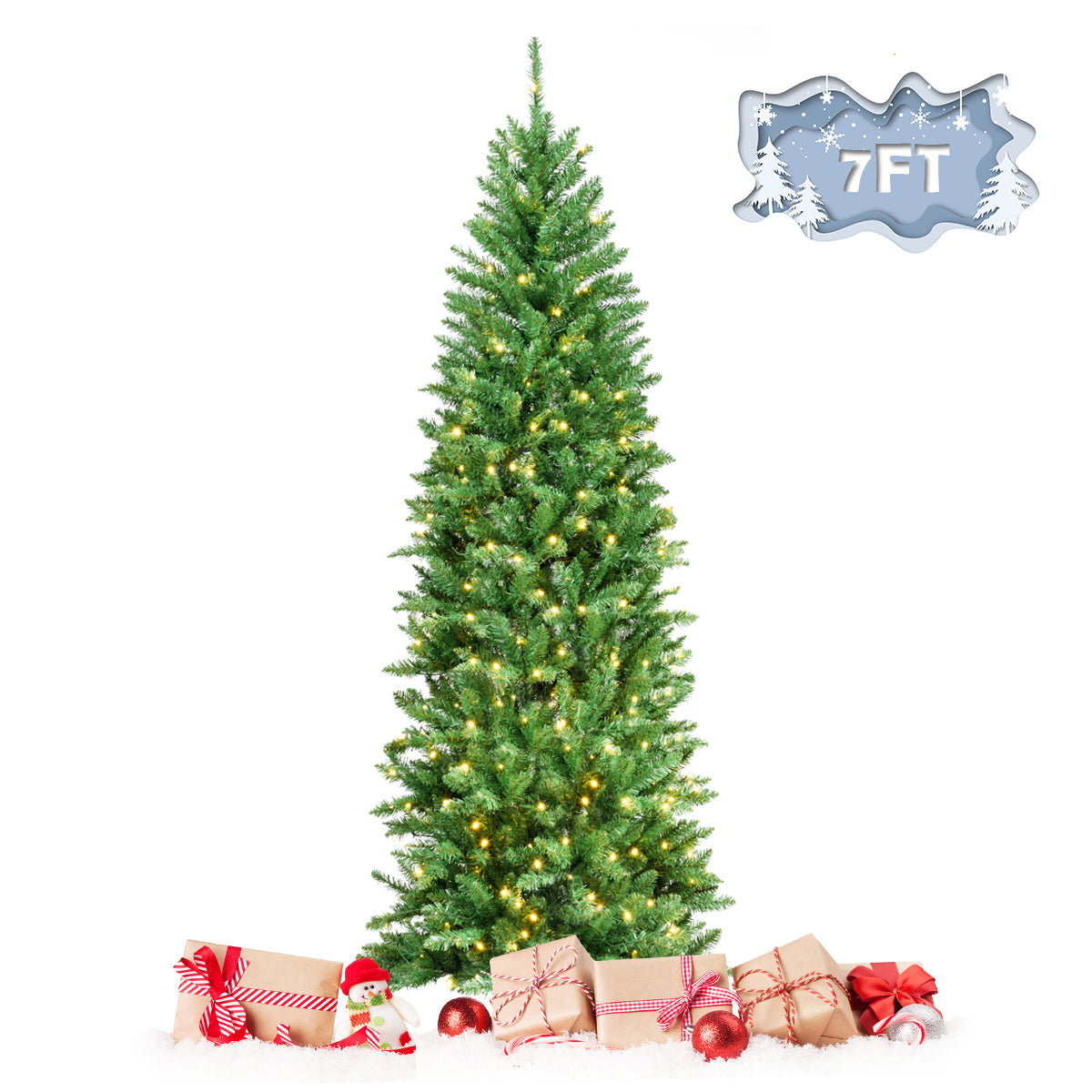 Topbuy 5/6/7FT Pre-lit Hinged Artificial Pencil Fir Christmas Tree with UL-listed Lights