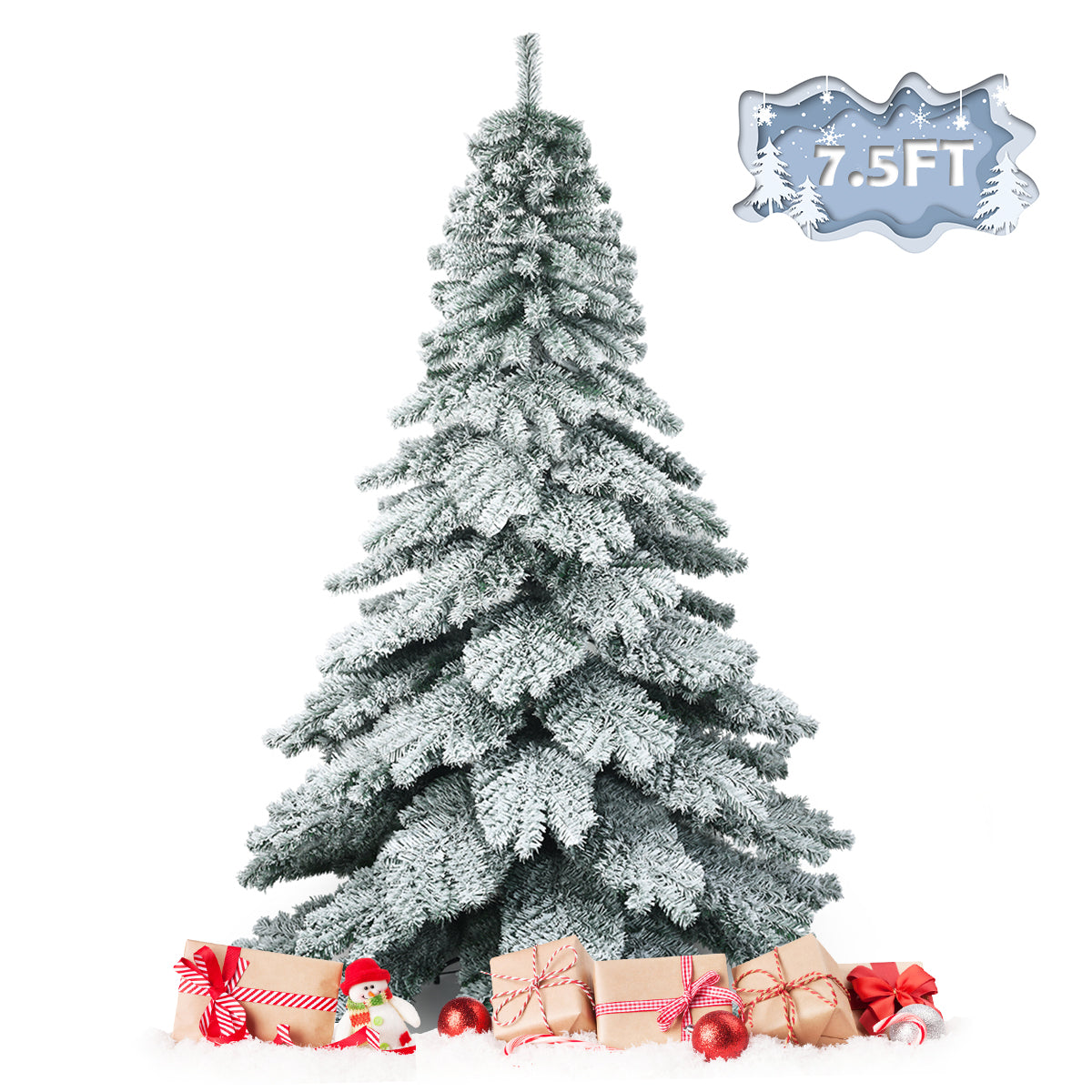 Topbuy 6/7.5FT Snow Flocked Artificial Christmas Tree Hinged Alaskan Pine Decoration Tree