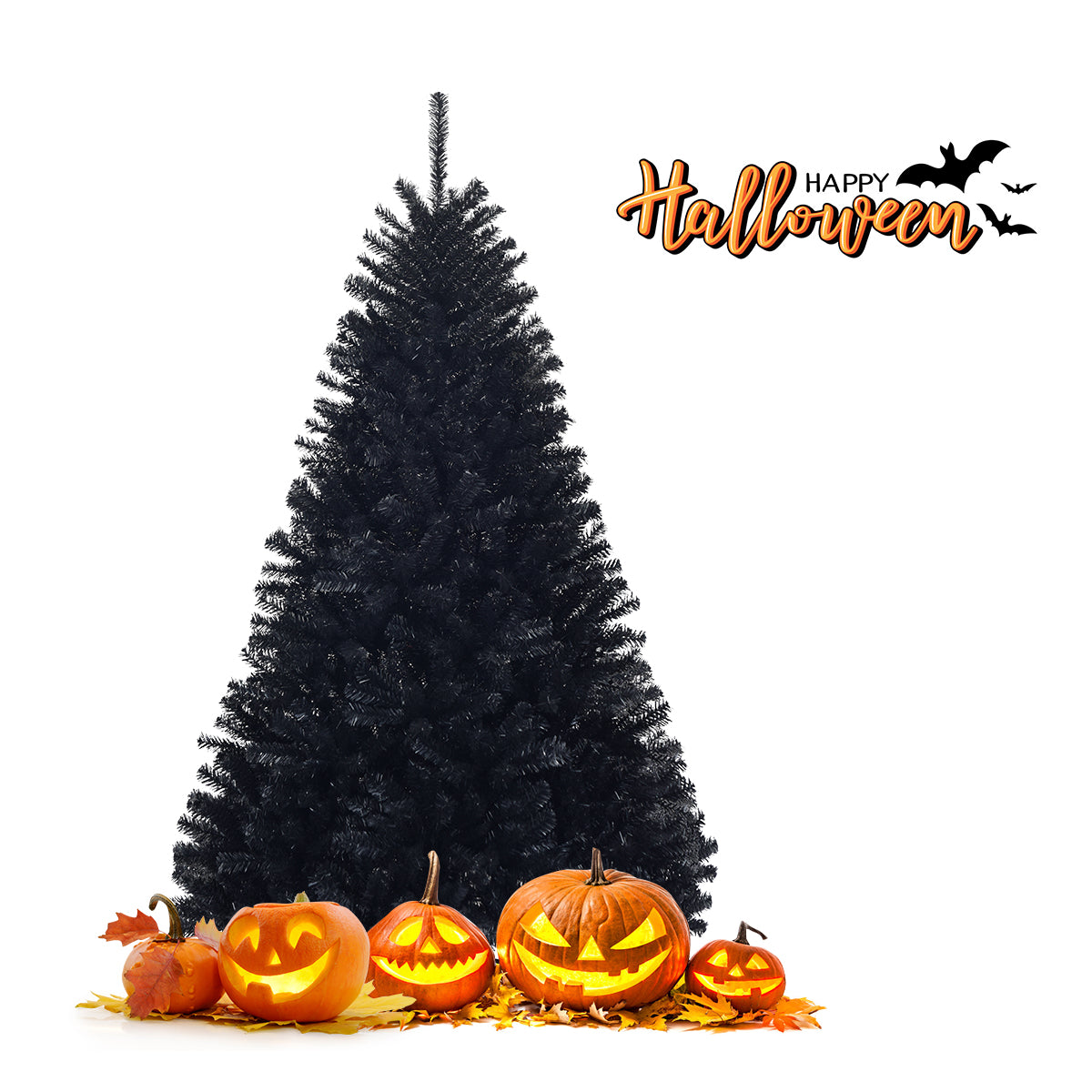 Topbuy 7.5Ft Artificial Christmas Tree Halloween Hinged Spruce Full Tree with Metal Stand Black