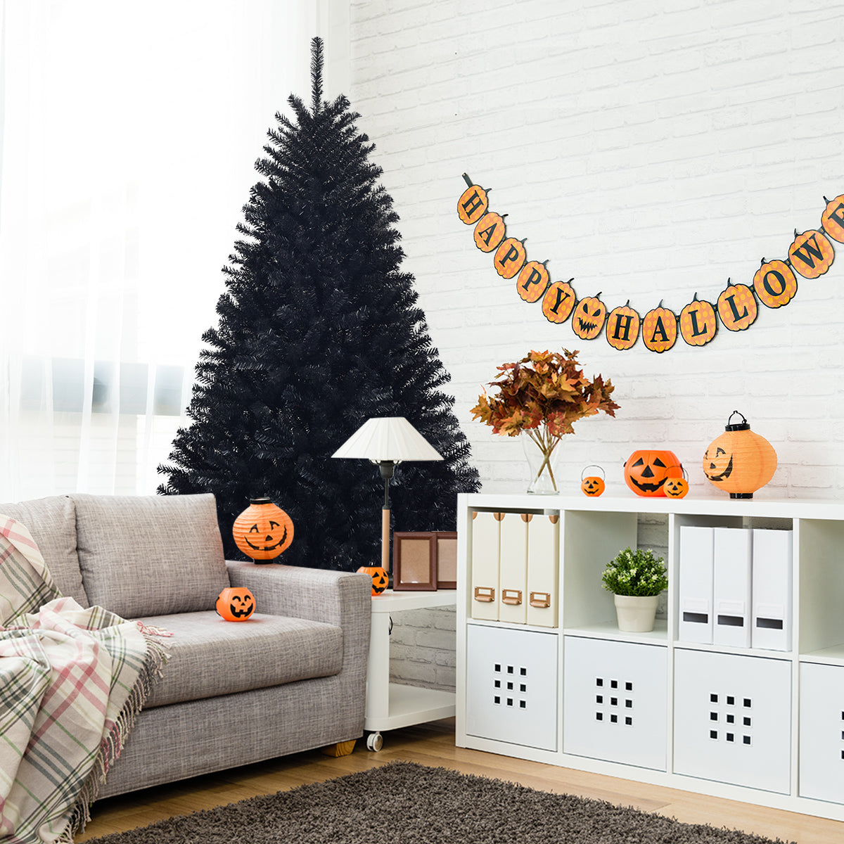 Topbuy 7.5Ft Artificial Christmas Tree Halloween Hinged Spruce Full Tree with Metal Stand Black