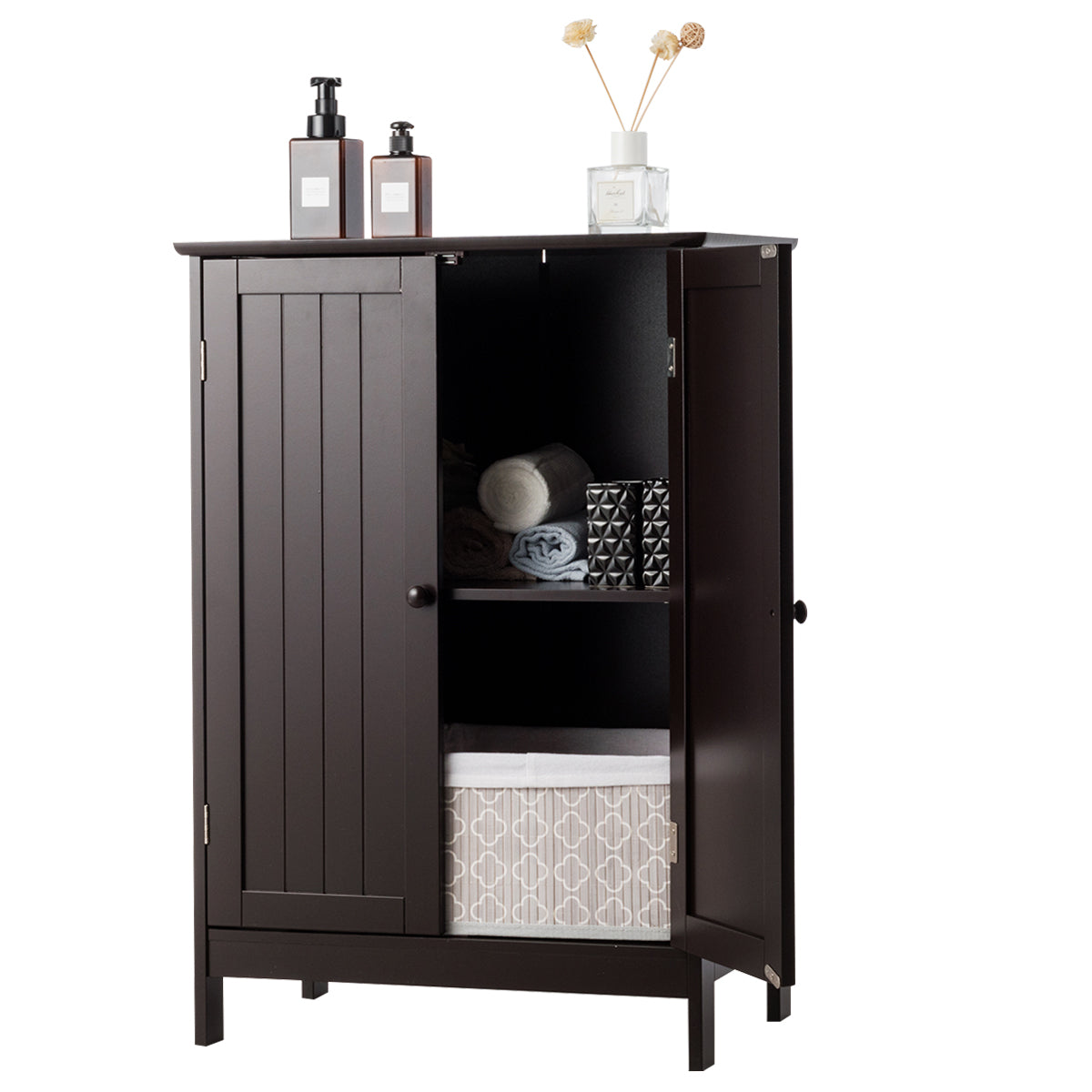 Topbuy Bathroom Storage Cabinet with Double Doors Wooden Cupboard Shoe Cabinet Brown/White/Black