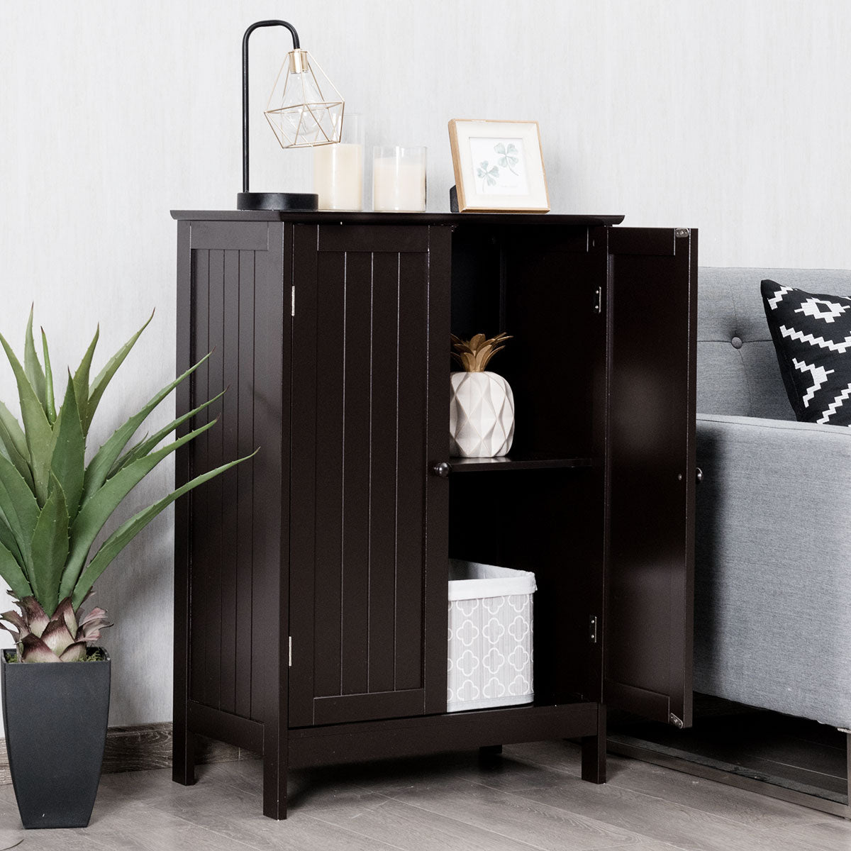 Topbuy Bathroom Storage Cabinet with Double Doors Wooden Cupboard Shoe Cabinet Brown/White/Black