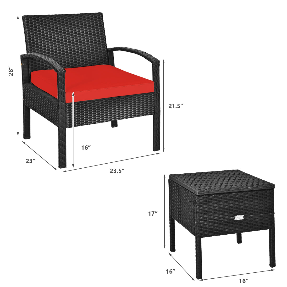 Patiojoy 3-Piece Patio Wicker Storage Table & Chair Set Outdoor Conversation Set Red/Turquoise