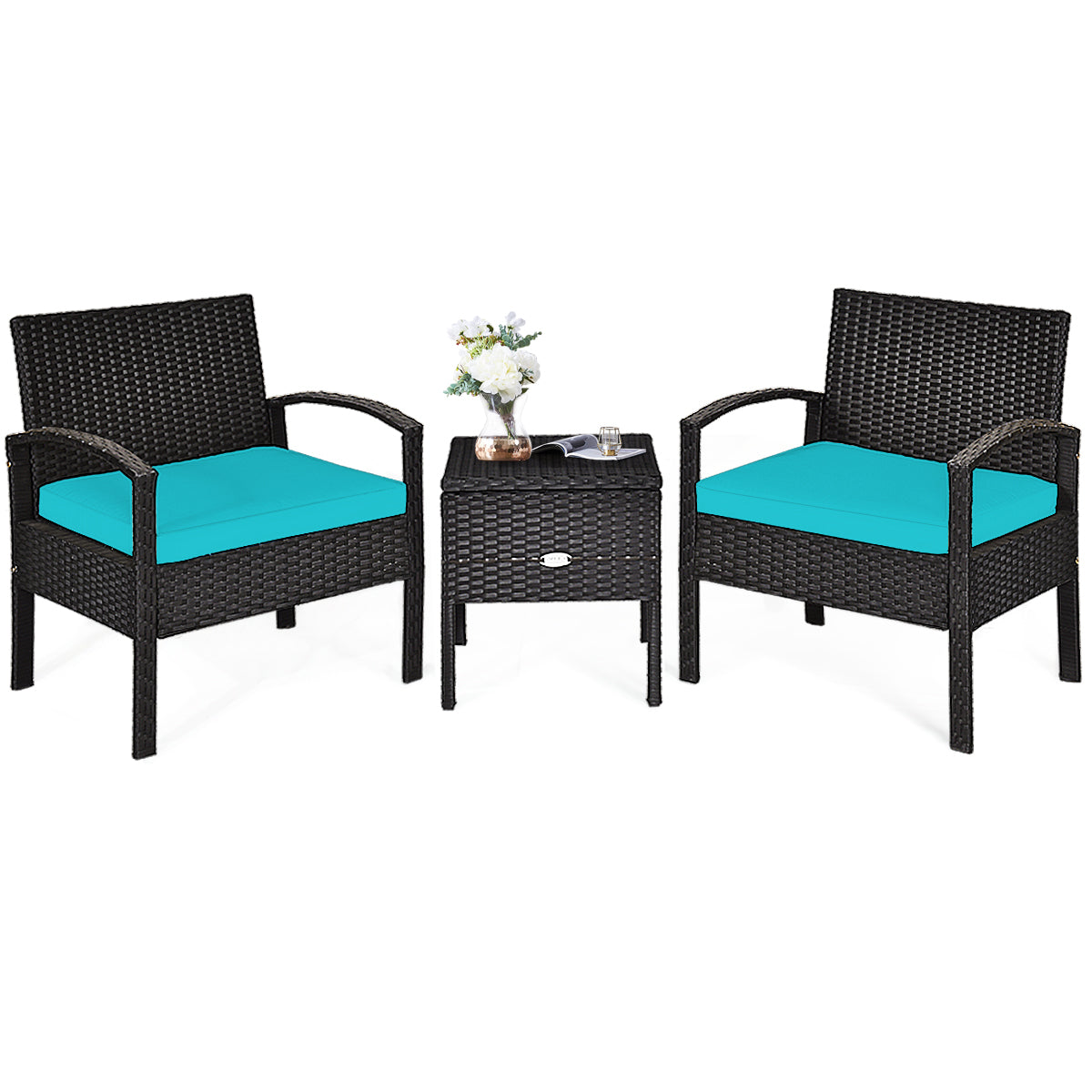 Patiojoy 3-Piece Patio Wicker Storage Table & Chair Set Outdoor Conversation Set Red/Turquoise