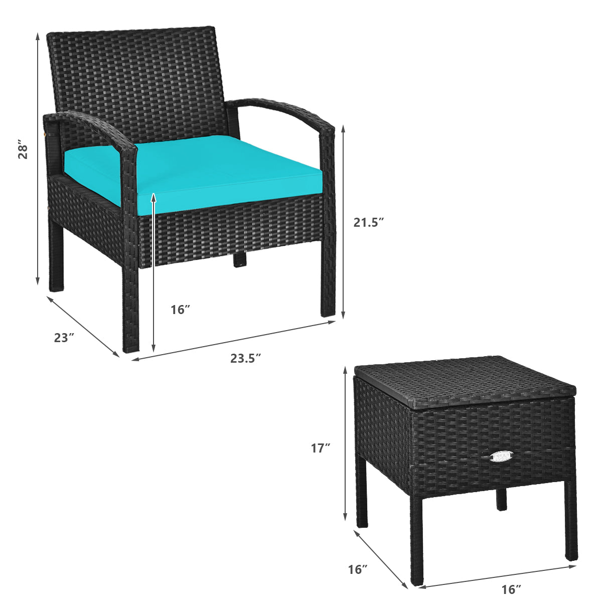 Patiojoy 3-Piece Patio Wicker Storage Table & Chair Set Outdoor Conversation Set Red/Turquoise