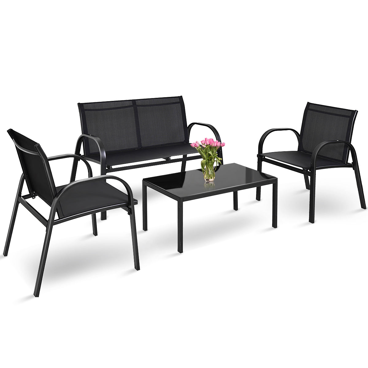 Topbuy 4PCS Black Furniture Set Chairs Coffee Table Patio Garden Brand New