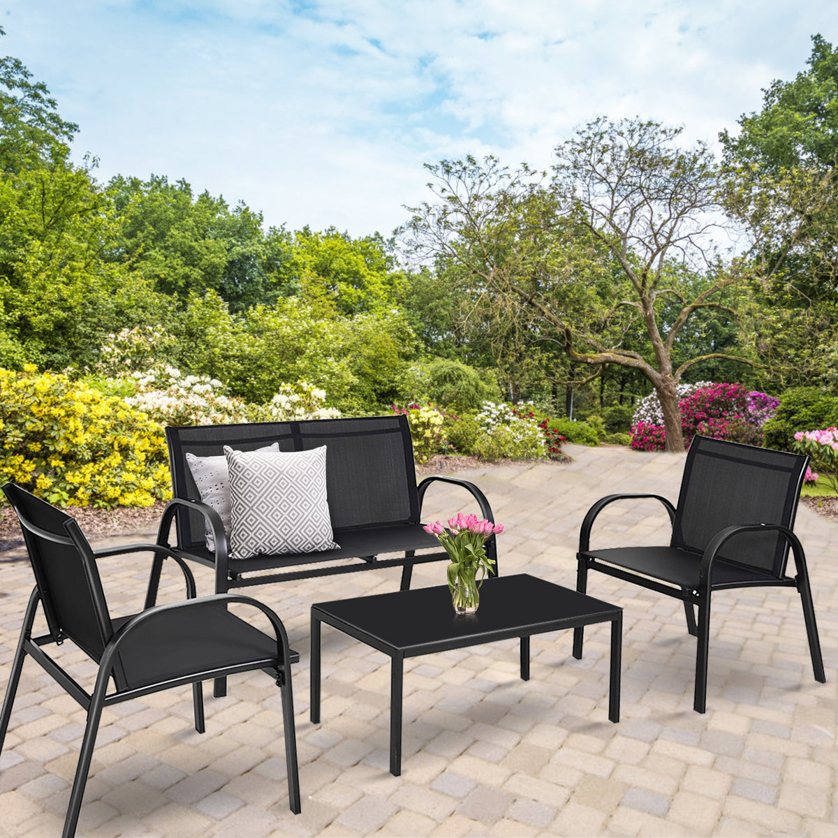 Topbuy 4PCS Black Furniture Set Chairs Coffee Table Patio Garden Brand New