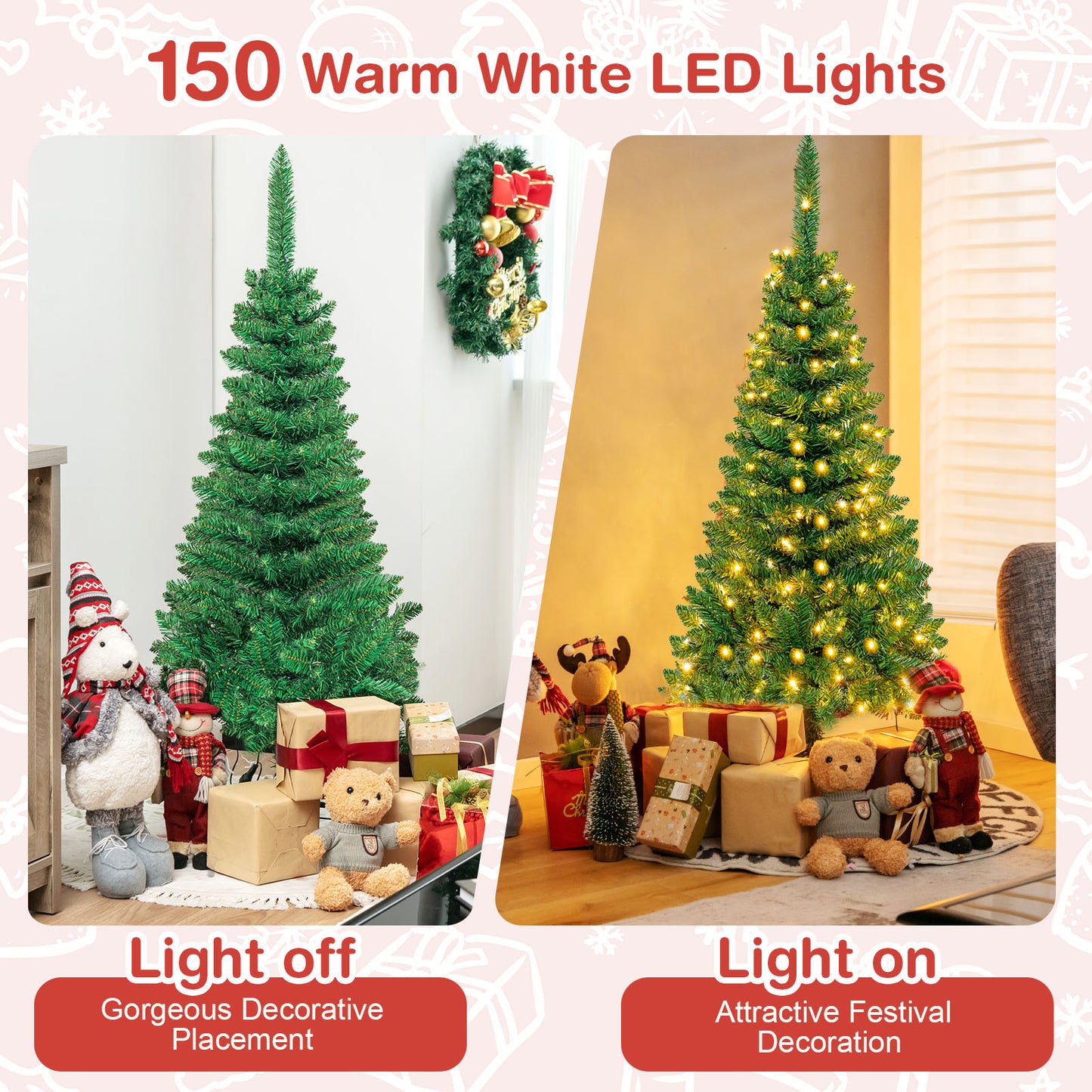 Topbuy 4.5/6.5/7.5ft Pencil Christmas Tree Pre-Lit Hinged Artificial Decoration w/150/250/350 Warm White Lights