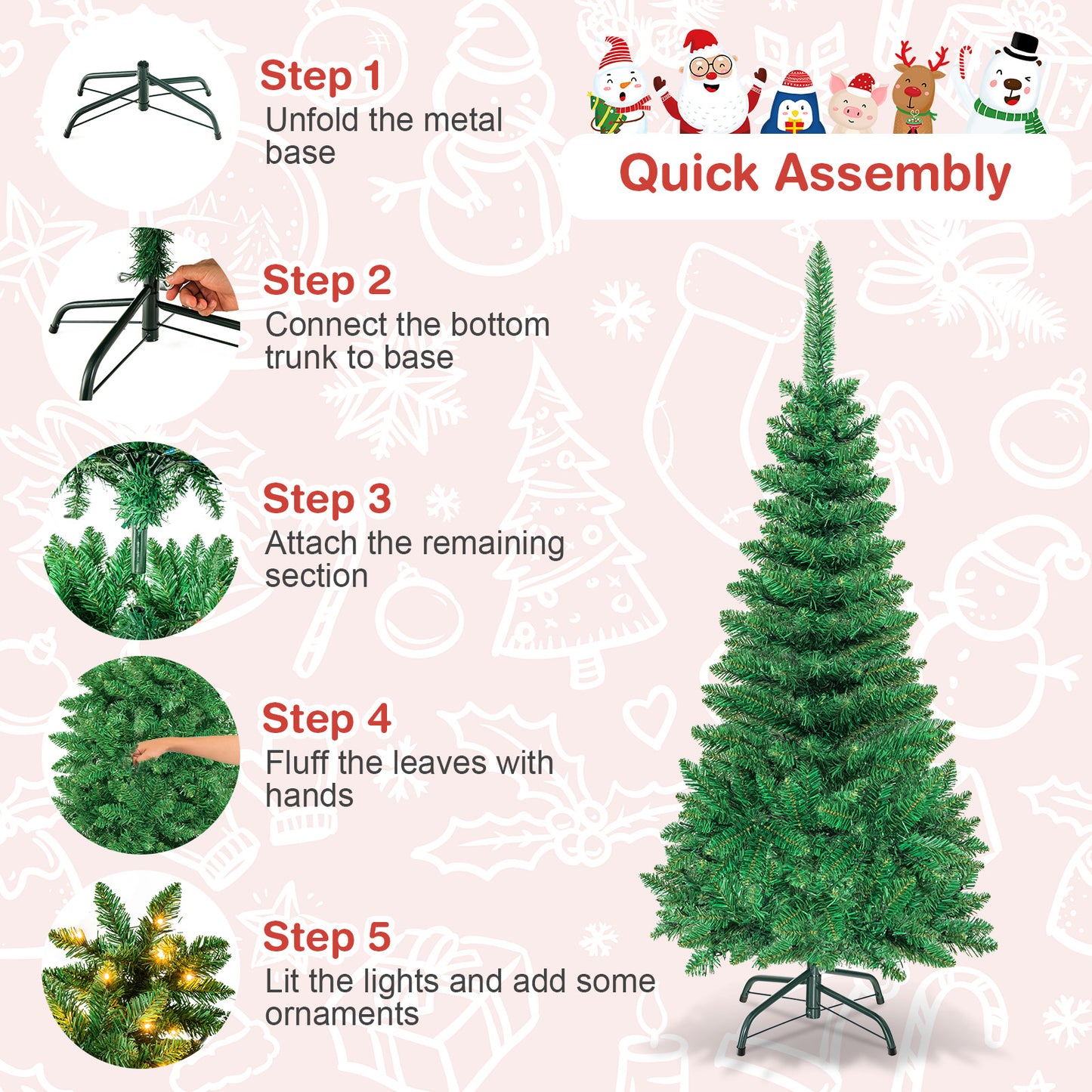 Topbuy 4.5/6.5/7.5ft Pencil Christmas Tree Pre-Lit Hinged Artificial Decoration w/150/250/350 Warm White Lights