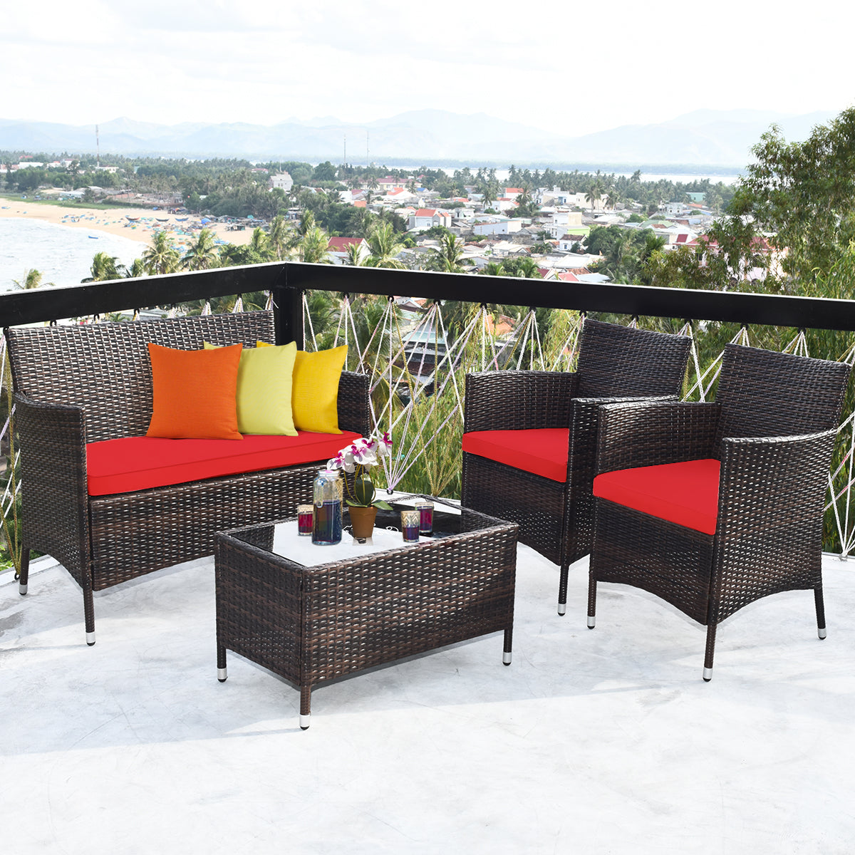 Patiojoy 4PCS Patio Rattan Wicker Furniture Set Sofa Chair Table Set W/ Gray Cushions