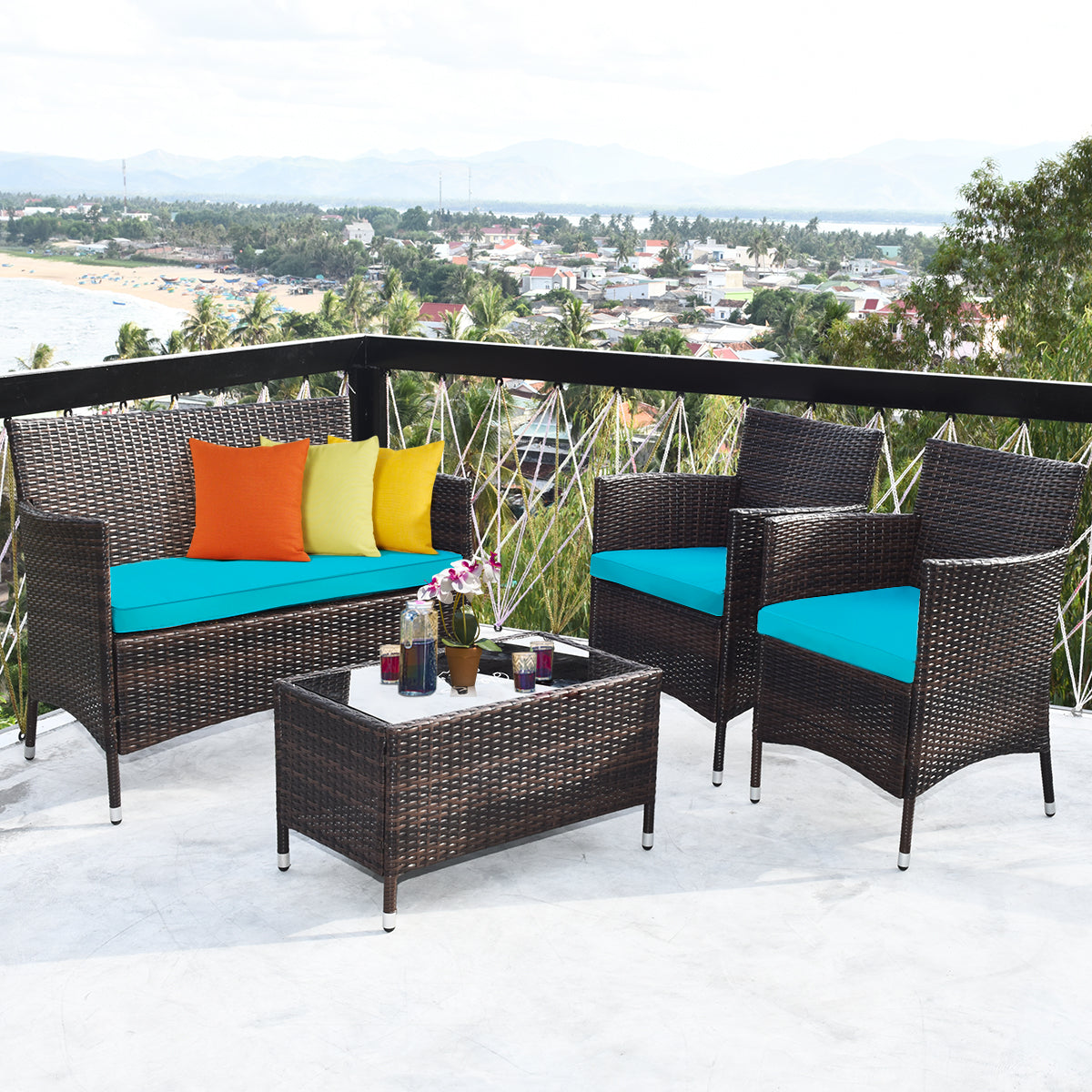 Patiojoy 4PCS Patio Rattan Wicker Furniture Set Sofa Chair Table Set W/ Gray Cushions