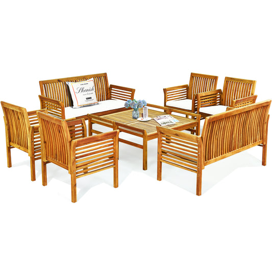 Topbuy 8-Piece Patio Acacia Wood Sofa Set Conversation Table Chairs with Beige Cushions