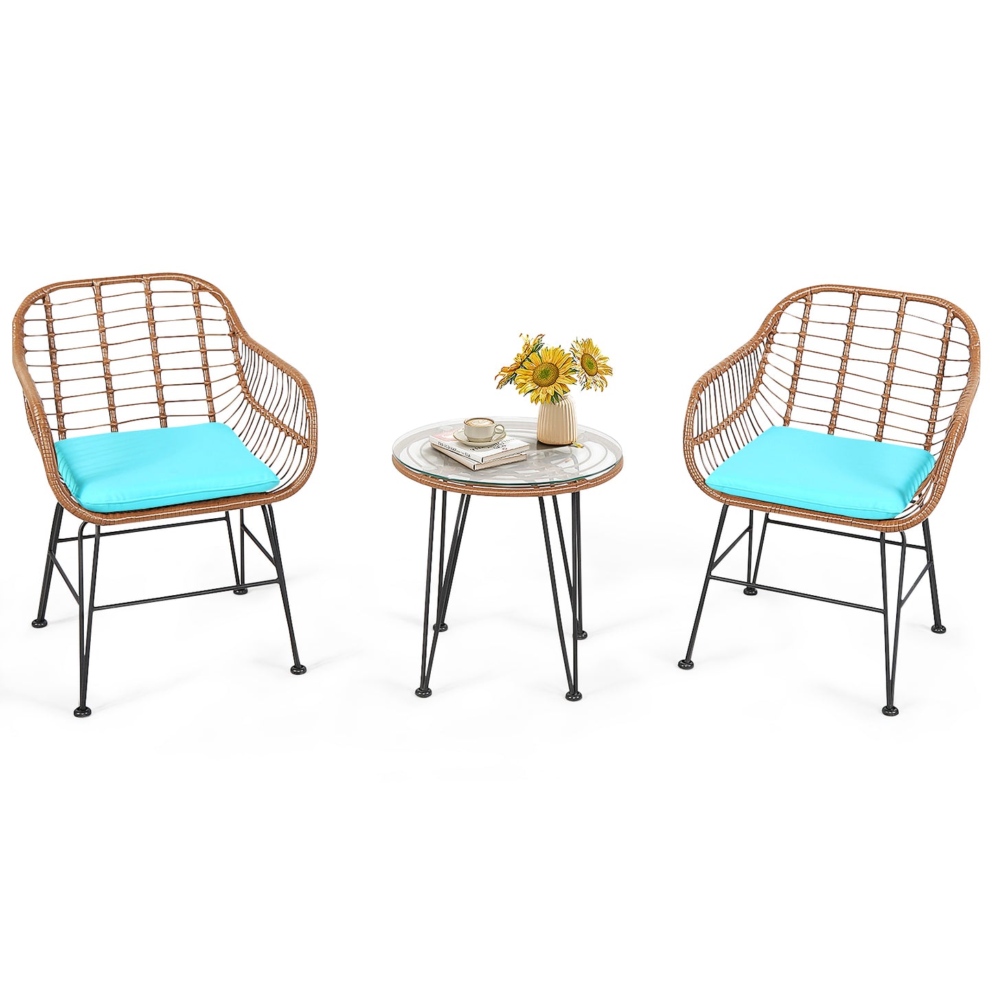 Patiojoy 3PCS Patio Rattan Furniture Set with Round Tempered Glass Top Table & 2 Rattan Armchairs White/Turquoise/Red/Black/Gray/Navy