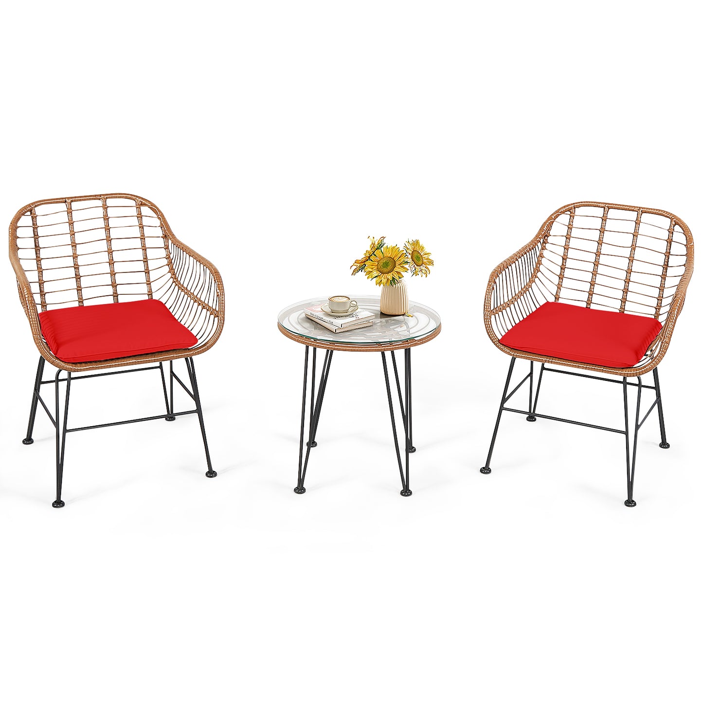 Patiojoy 3PCS Patio Rattan Furniture Set with Round Tempered Glass Top Table & 2 Rattan Armchairs White/Turquoise/Red/Black/Gray/Navy