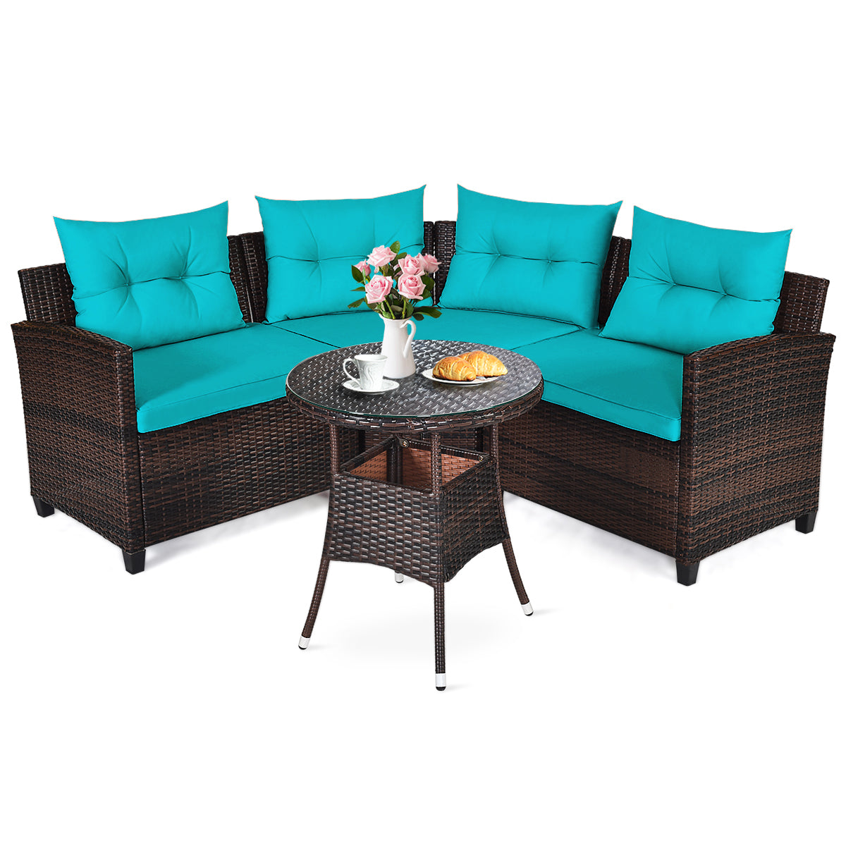 Patiojoy 4PCS Outdoor Patio Conversation Set Wicker Rattan Sectional Sofa W/Turquoise/Navy/Red/Black/Brown Cushions