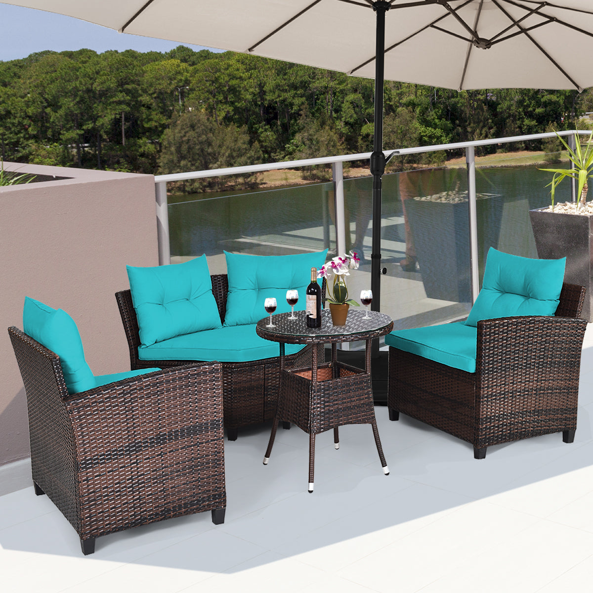 Patiojoy 4PCS Outdoor Patio Conversation Set Wicker Rattan Sectional Sofa W/Turquoise/Navy/Red/Black/Brown Cushions