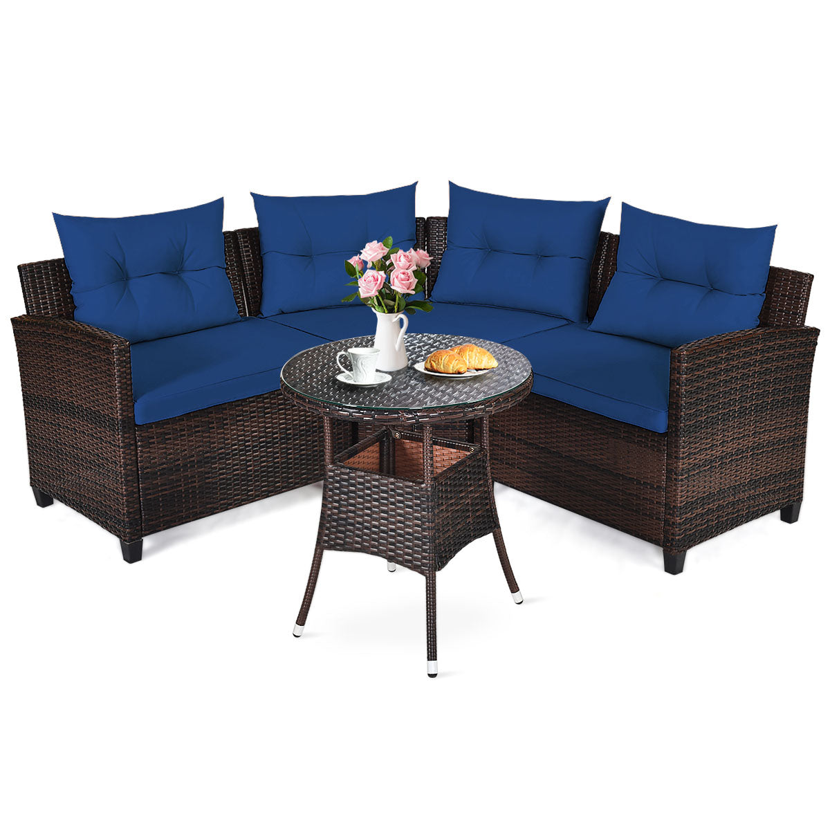 Patiojoy 4PCS Outdoor Patio Conversation Set Wicker Rattan Sectional Sofa W/Turquoise/Navy/Red/Black/Brown Cushions