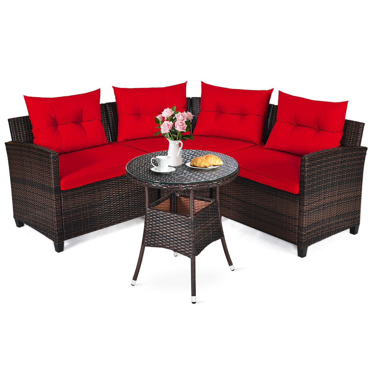 Patiojoy 4PCS Outdoor Patio Conversation Set Wicker Rattan Sectional Sofa W/Turquoise/Navy/Red/Black/Brown Cushions