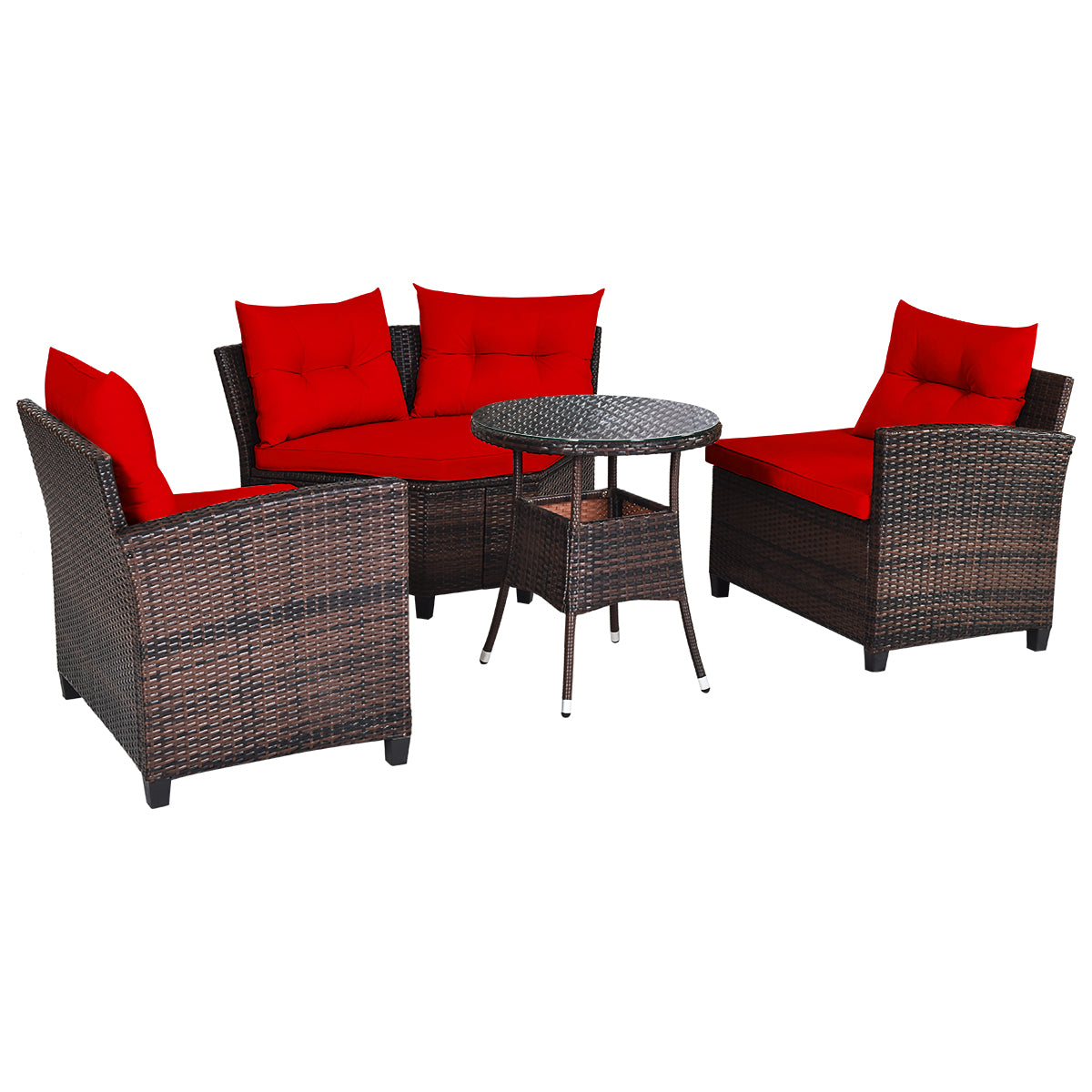 Patiojoy 4PCS Outdoor Patio Conversation Set Wicker Rattan Sectional Sofa W/Turquoise/Navy/Red/Black/Brown Cushions