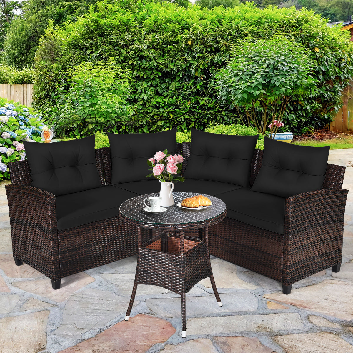 Patiojoy 4PCS Outdoor Patio Conversation Set Wicker Rattan Sectional Sofa W/Turquoise/Navy/Red/Black/Brown Cushions