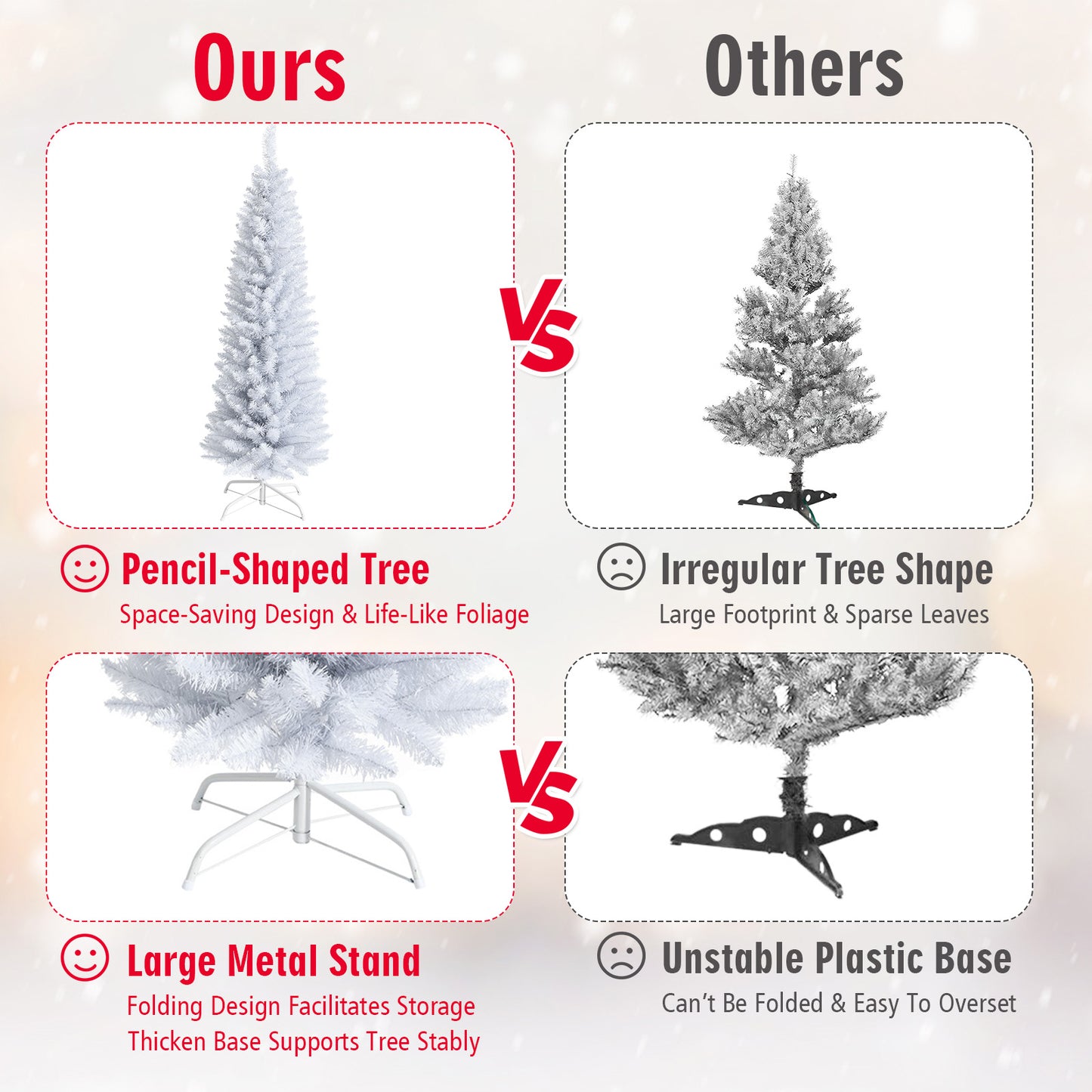 Topbuy Life-Like Slender White Christmas Tree Artificial Pencil Unlit Xmas Tree W/ Folding Metal Stand & Durable PVC