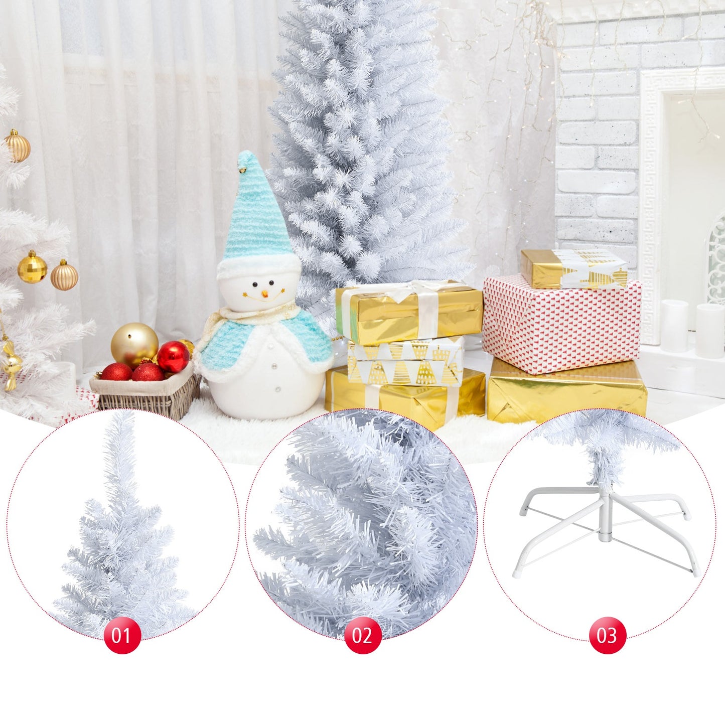 Topbuy Life-Like Slender White Christmas Tree Artificial Pencil Unlit Xmas Tree W/ Folding Metal Stand & Durable PVC