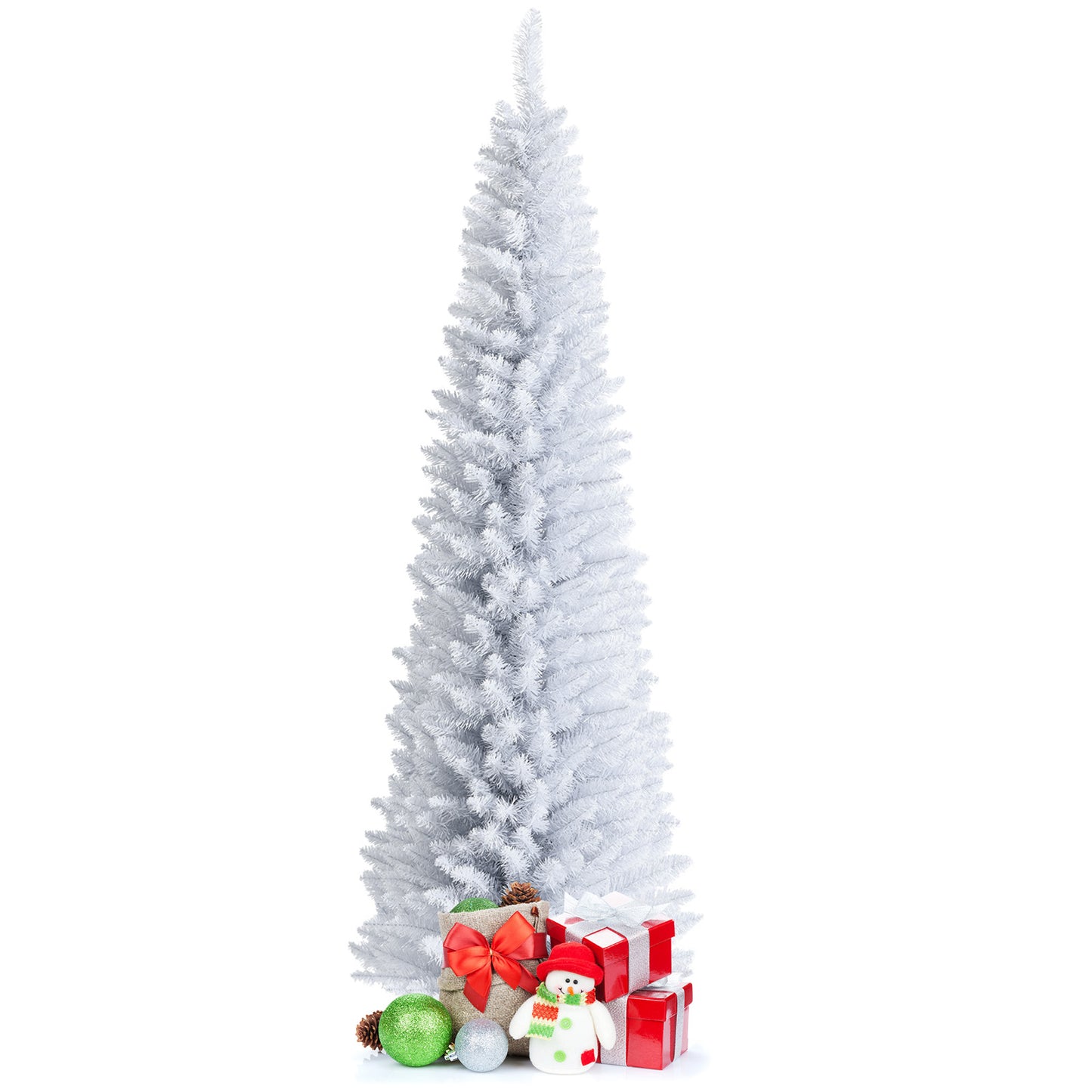 Topbuy Life-Like Slender White Christmas Tree Artificial Pencil Unlit Xmas Tree W/ Folding Metal Stand & Durable PVC