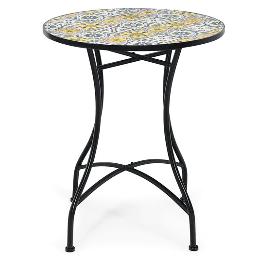 Topbuy 28.5" Patio Mosaic Round Bistro Metal Table with Heavy-Duty Steel Frame&Ceramic Tile Tabletop for Outdoor Garden Deck Backyard