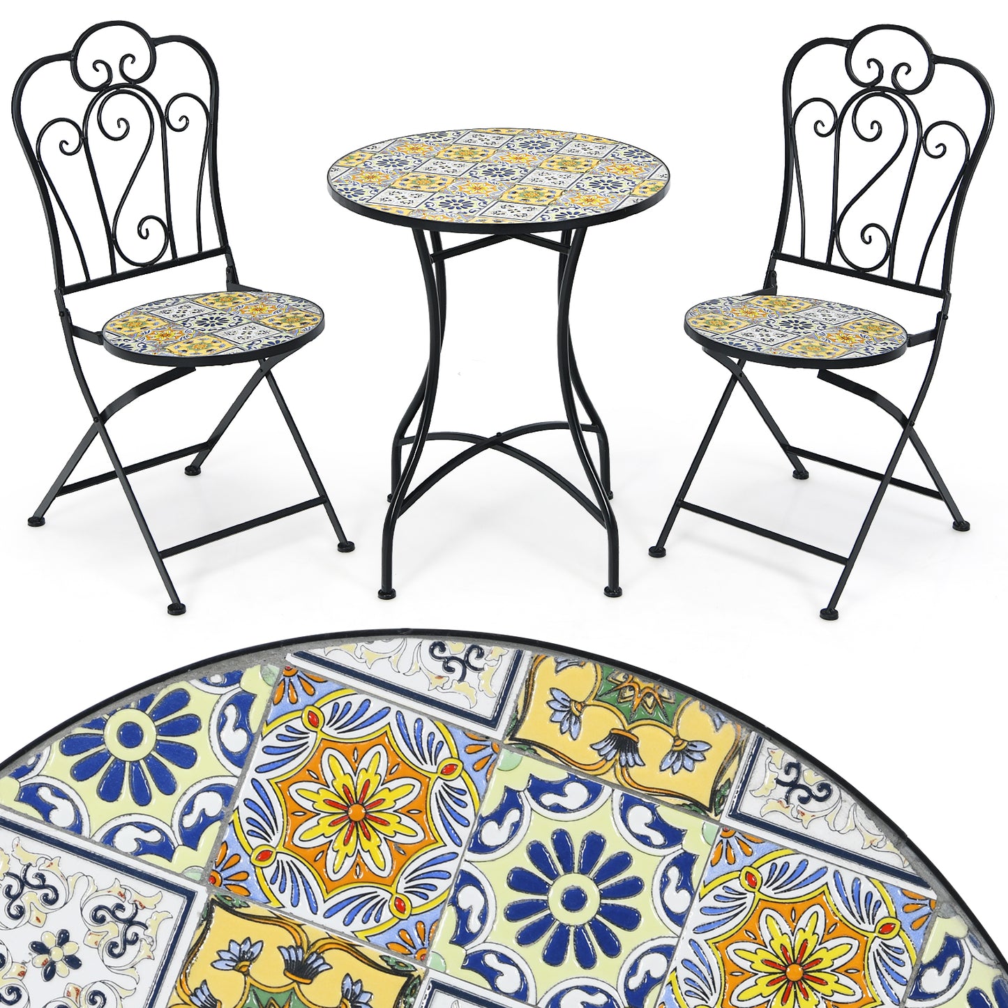 Topbuy 28.5" Patio Mosaic Round Bistro Metal Table with Heavy-Duty Steel Frame&Ceramic Tile Tabletop for Outdoor Garden Deck Backyard