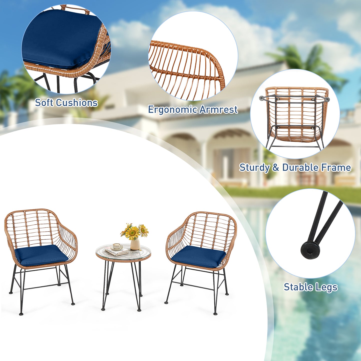 Patiojoy 3PCS Patio Rattan Furniture Set with Round Tempered Glass Top Table & 2 Rattan Armchairs White/Turquoise/Red/Black/Gray/Navy