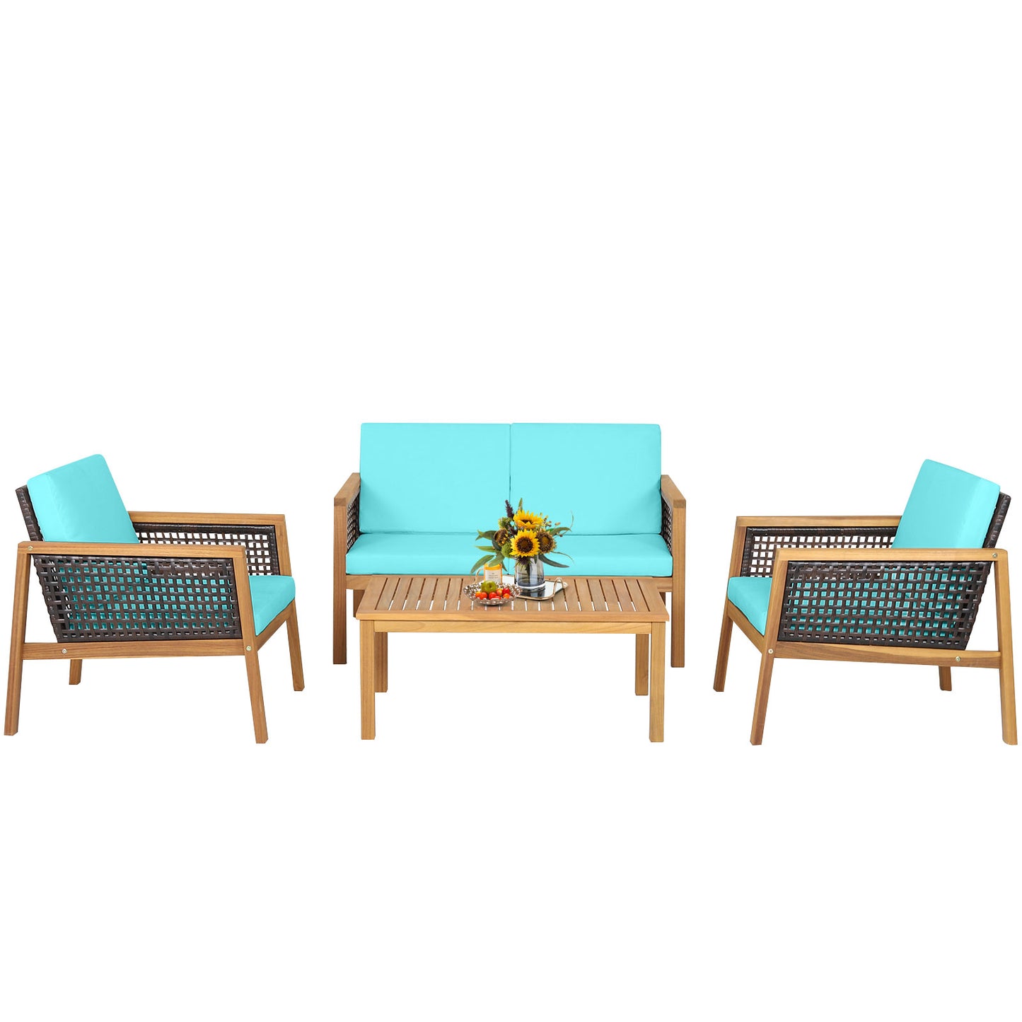 Patiojoy 4-Piece Patio Acacia Wood Furniture Set Outdoor PE Rattan Conversation Set with Removable Cushions