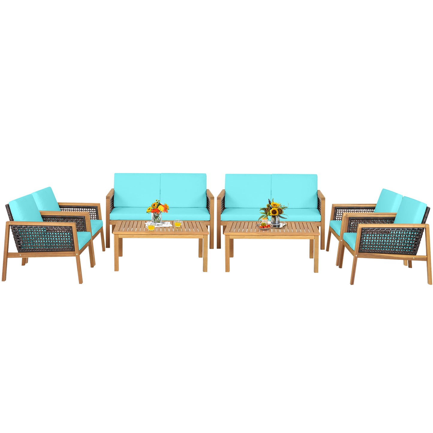 Patiojoy 8-Piece Patio Acacia Wood Furniture Set Outdoor PE Rattan Conversation Set with Removable Cushions Off White/Gray/Turquoise