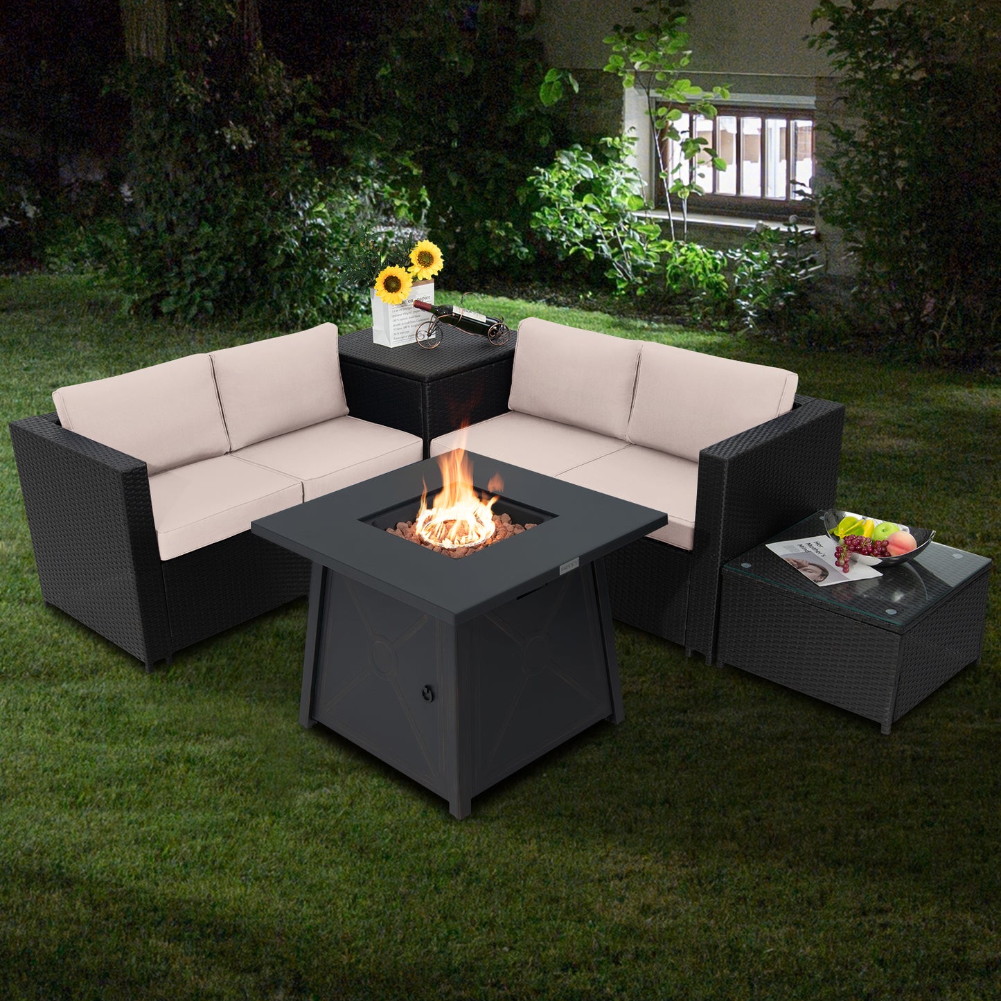 Topbuy 5-Piece Outdoor Patio Furniture Set with 50,000 BTU Propane Fire Pit Table Patio Conversation Set w/ Cushions, Storage Box, Coffee Table