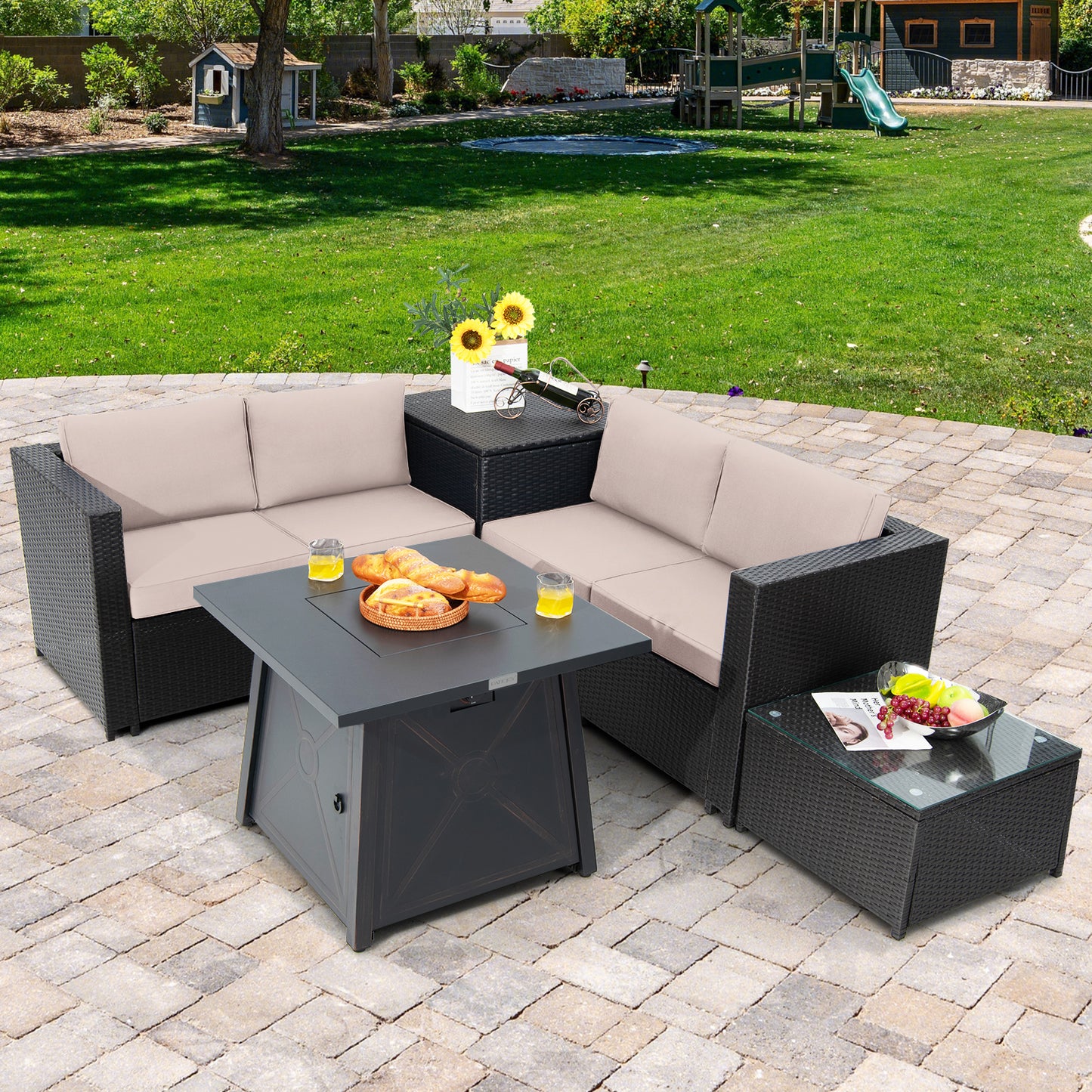 Topbuy 5-Piece Outdoor Patio Furniture Set with 50,000 BTU Propane Fire Pit Table Patio Conversation Set w/ Cushions, Storage Box, Coffee Table