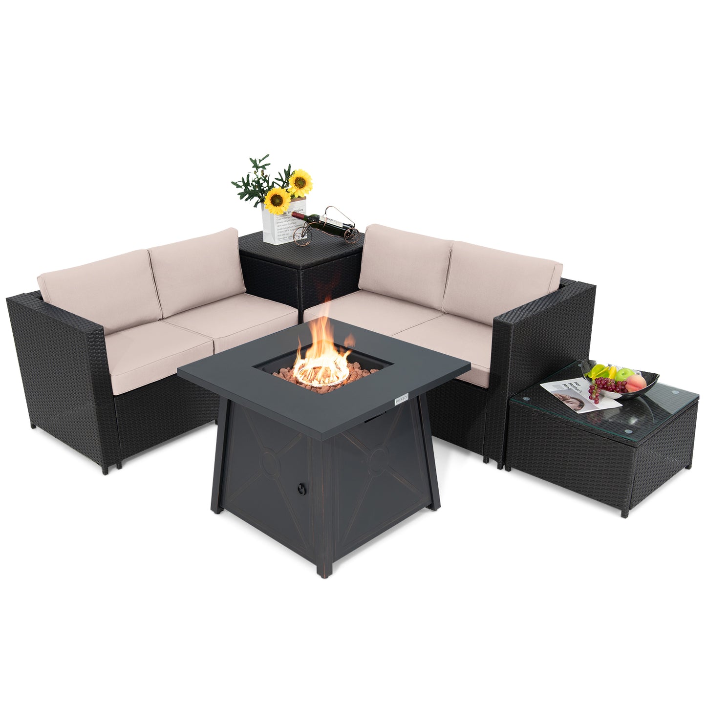 Topbuy 5-Piece Outdoor Patio Furniture Set with 50,000 BTU Propane Fire Pit Table Patio Conversation Set w/ Cushions, Storage Box, Coffee Table