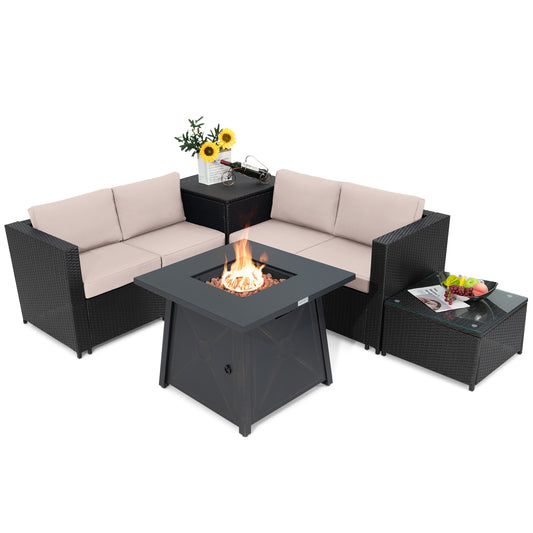 Topbuy 5-Piece Outdoor Patio Furniture Set with 50,000 BTU Propane Fire Pit Table Patio Conversation Set w/ Cushions, Storage Box, Coffee Table