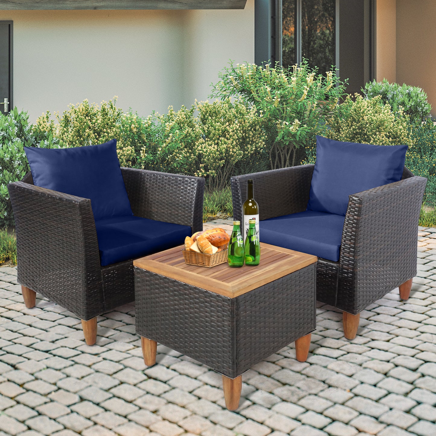 Patiojoy 3-Piece Outdoor Rattan Sofa Set Wicker Conversation Furniture Set with Beige/Navy/BlackCushions