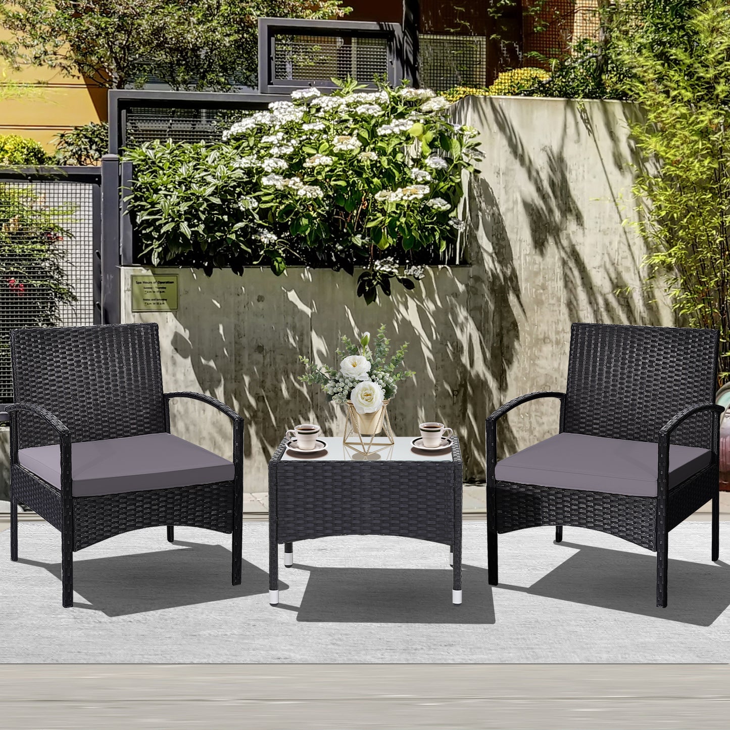 Patiojoy 3 PCS Patio Rattan Cushioned Chair Side Table Set Bistro Set Classic Furniture Single Sofa Thick Cushion for Garden