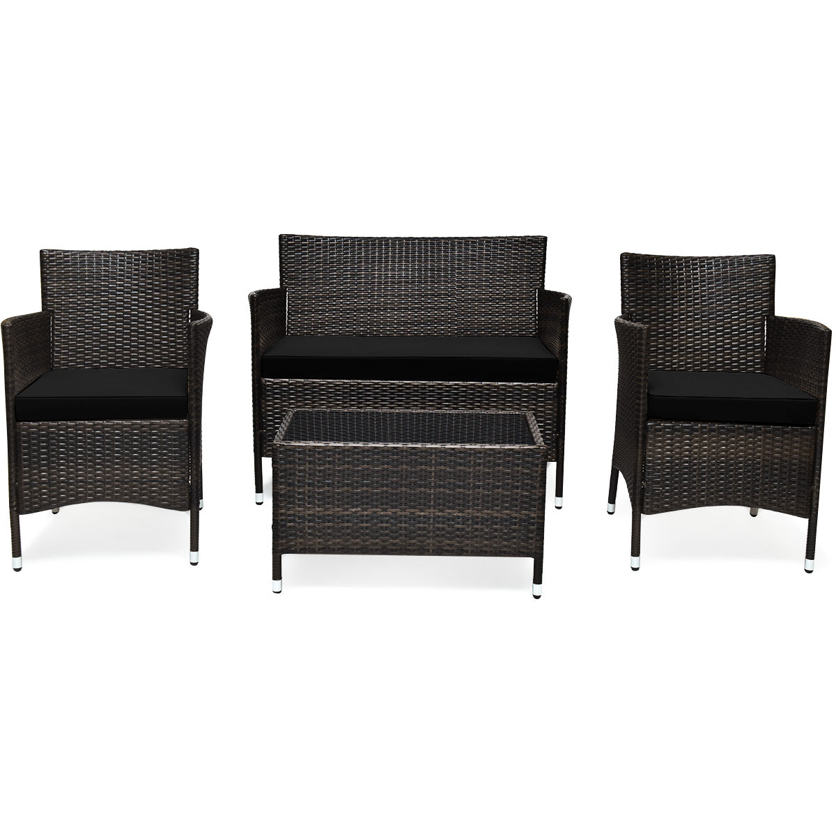 Patiojoy 4PCS Patio Rattan Wicker Furniture Set Sofa Chair Table Set W/ Gray Cushions