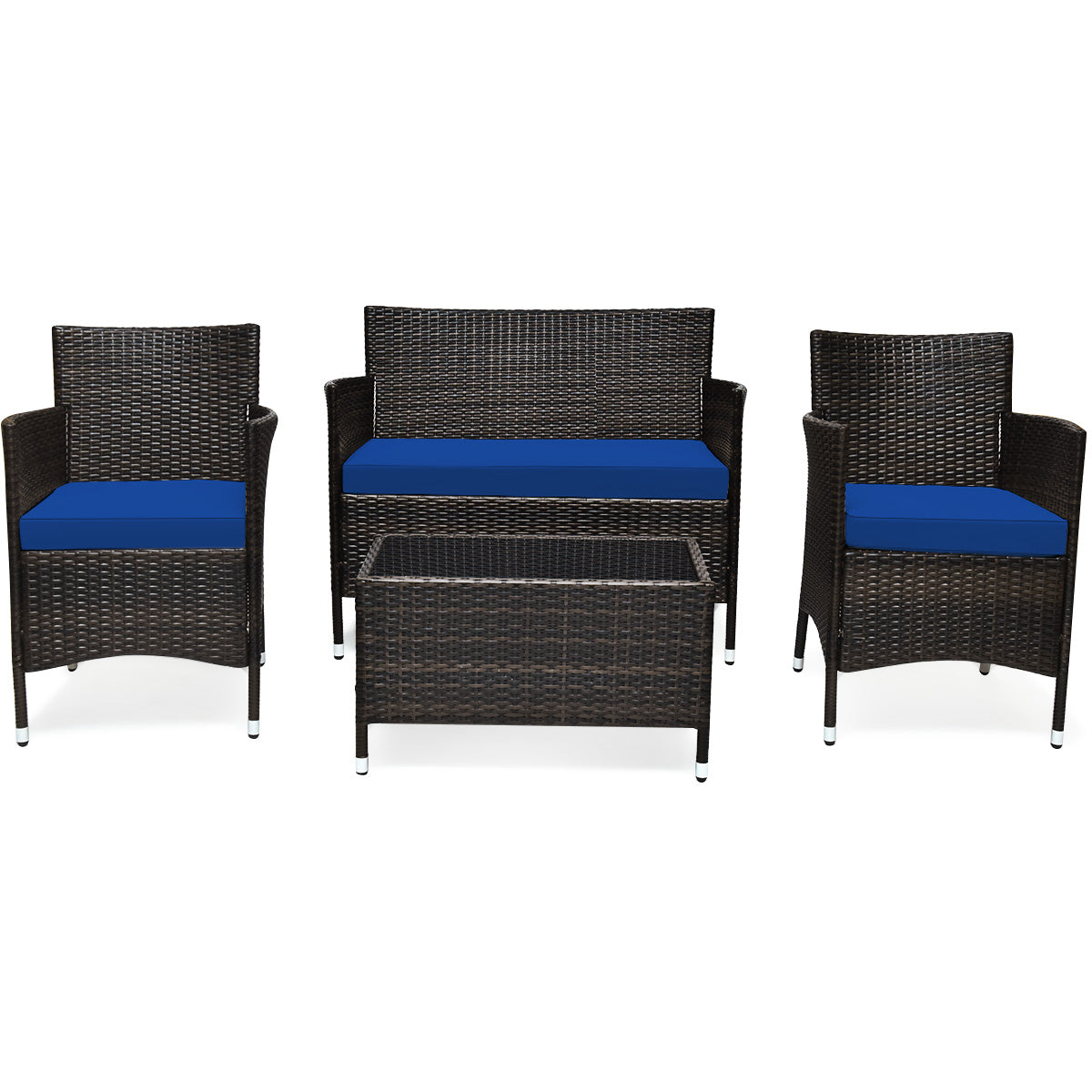 Patiojoy 4PCS Patio Rattan Wicker Furniture Set Sofa Chair Table Set W/ Gray Cushions