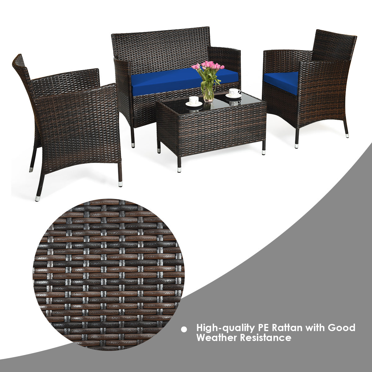 Patiojoy 4PCS Patio Rattan Wicker Furniture Set Sofa Chair Table Set W/ Gray Cushions