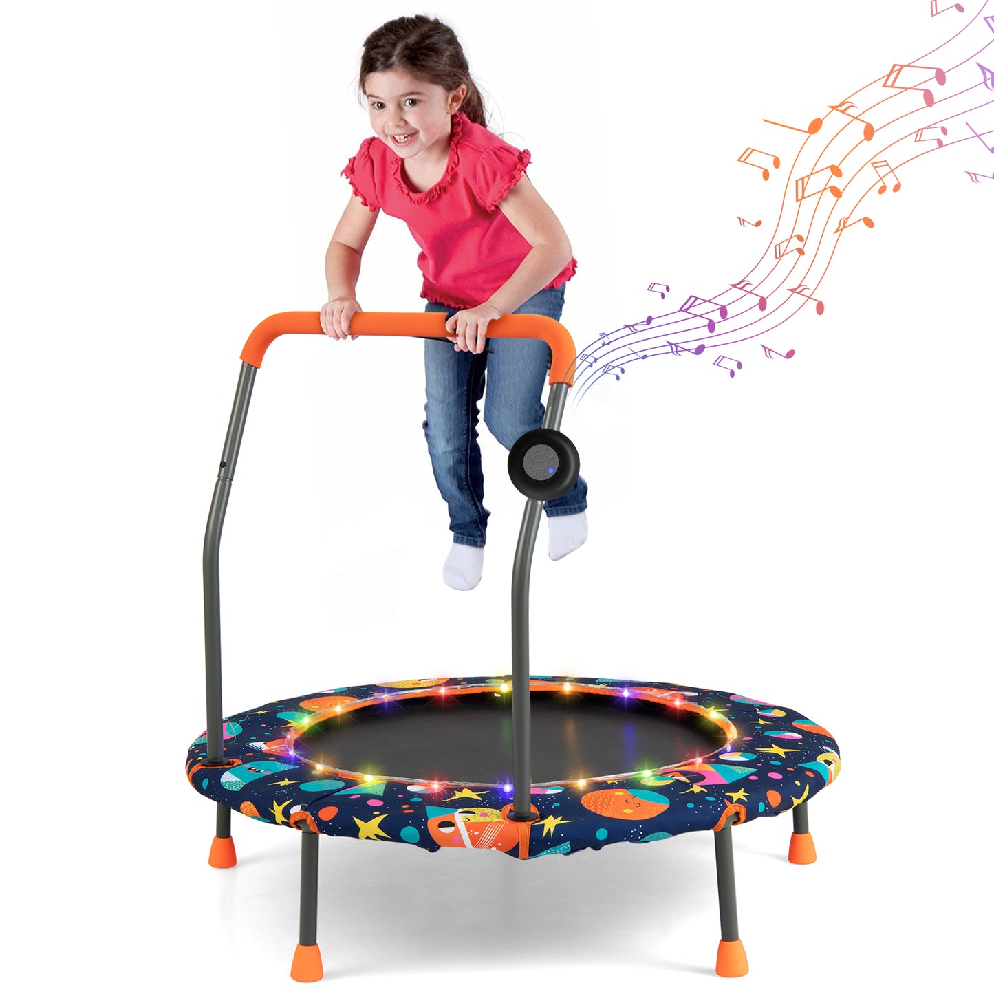 Topbuy 36'' Mini Trampoline for Kids Toddler Music Trampoline w/ Colorful LED Lights & Bluetooth Speaker Indoor Silent Exercise Rebounder