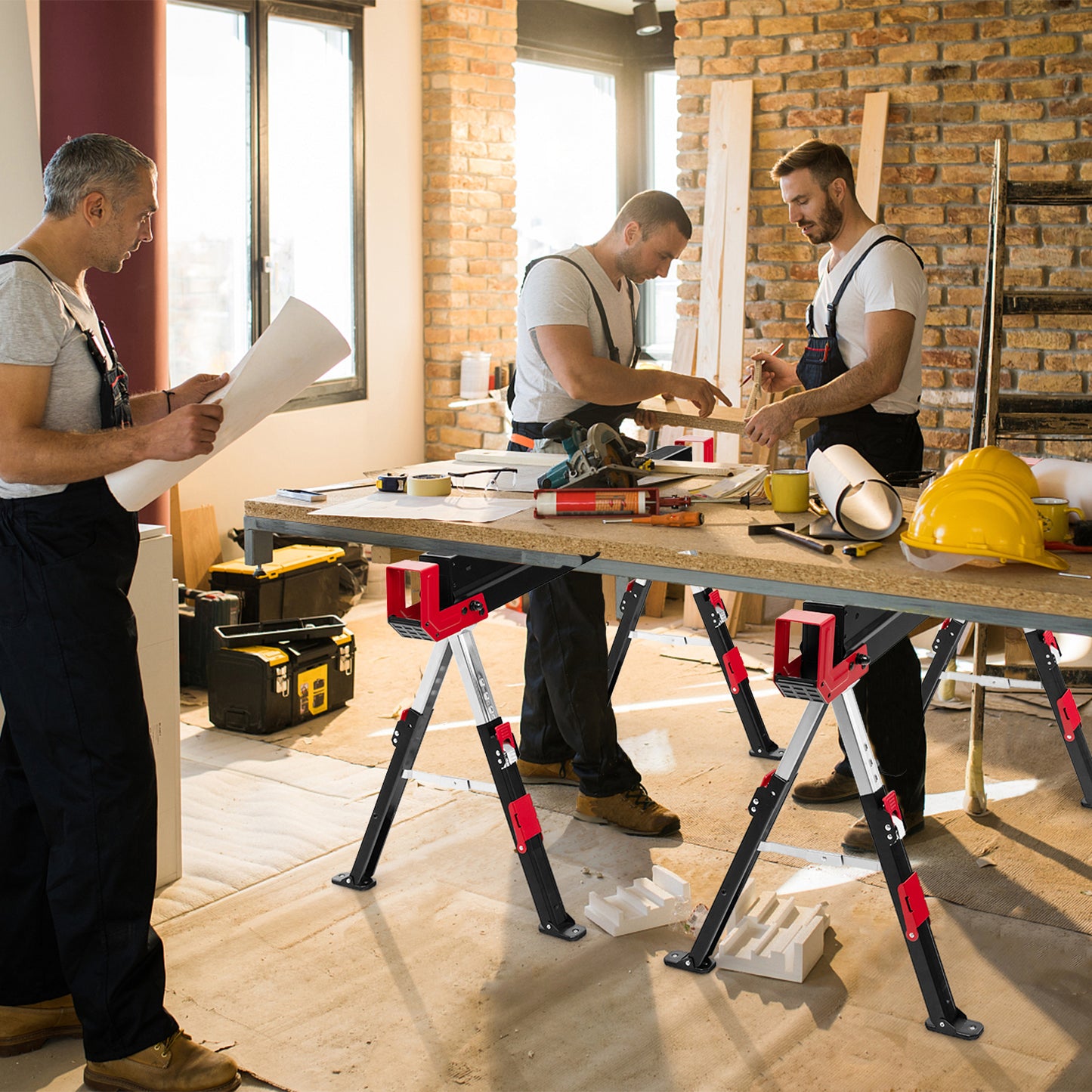 Topbuy Folding Sawhorse 2 Pack Portable Sawhorse with Height Adjustable Legs Metal Top for 2 x 4 Easy Carry Handle