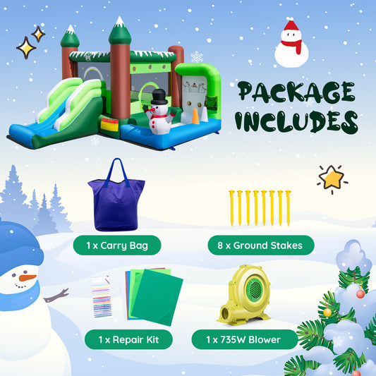 Topbuy Snowman Themed Kids Jumping House with Ball Pit Inflatable Bouncing Castle with 735W Blower Repair Kit & Carry Bag