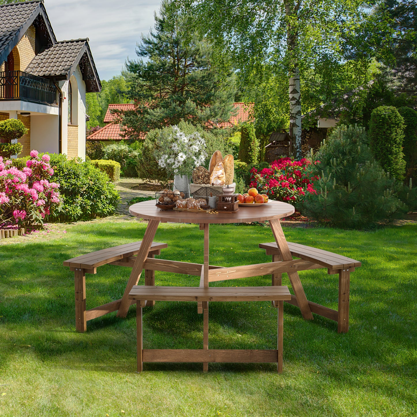 Topbuy 6-Person Outdoor Wooden Picnic Table W/ 3 Benches & Solid Wood Table, Circular Outdoor Dining Table W/ Umbrella Hole