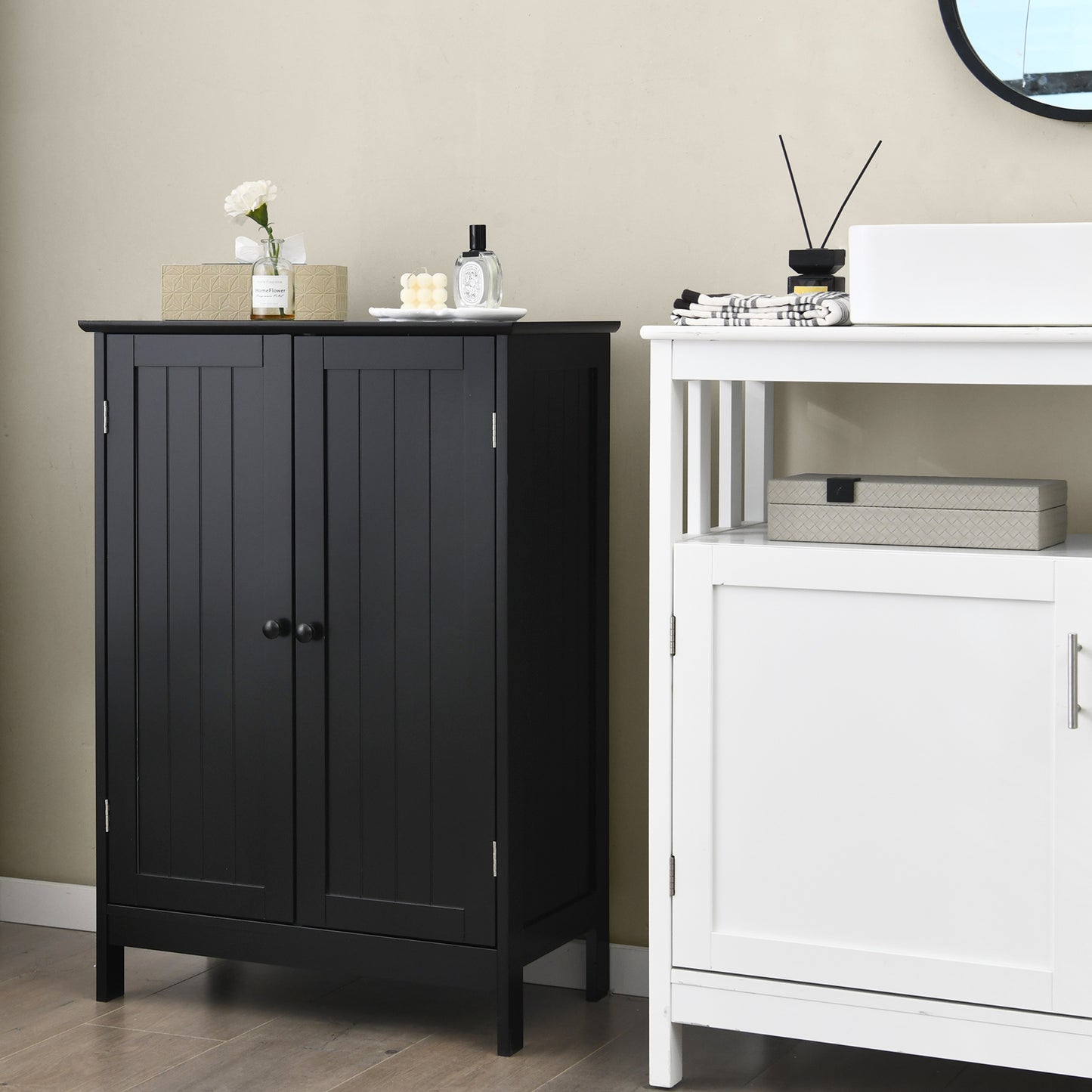 Topbuy Bathroom Storage Cabinet with Double Doors Wooden Cupboard Shoe Cabinet Brown/White/Black