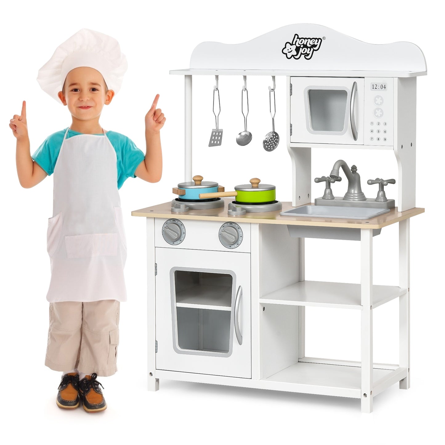 Topbuy Wooden Kids Toddlers Kitchen Playset Cooking Play Toy with Cookware Utensils Play Kitchen